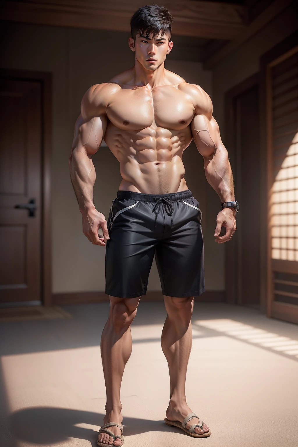 Has short hair, photorealistic perfect body, Muscular, Handsome boy, Asian male, Muscular, Shirtless ,High detail, Lean and muscular, Detailed body, Muscle men, Handsome anime pose, Muscular body,slippers