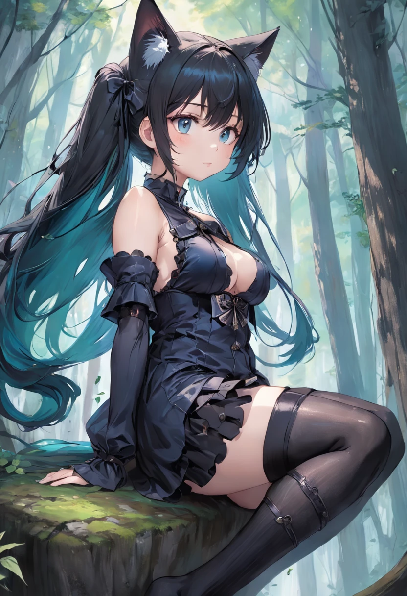 ((Need)), ((tmasterpiece)), (A detailed), black lence stockings, Girl,Ethereal beauty, Perched in the woods, (fantasy illustrations:1.3), Seductive gaze, captivating posture, otherworldly charm, the street, (Luis Royo:1.2), (Yoshitaka Amano:1.1), Rainy days, pastelcolor, (Detailed cloud view:1.3), (A high resolution:1.2),huge tit,Sultry look thighs raised,Cat ears,a cat tail,The hand caressed the chest