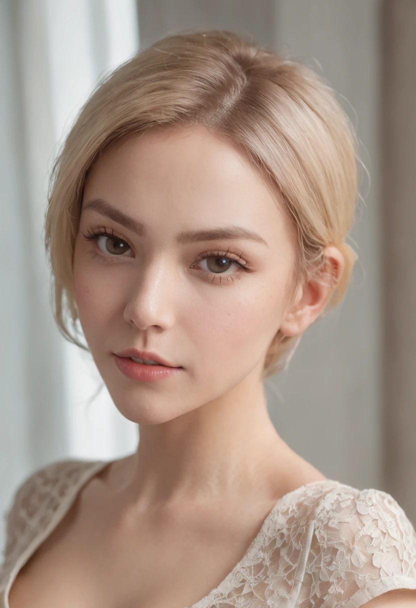 professional, (4k-photo:1.1) By (JeremyLipking:0.3), (Dietman Anna:0.3), (arian mark:0.3), (Sharp focus:1.3), High detail, Wearing (Tight shirt:1.2), Beautiful detailed face, browneyes, Short blonde hair, (Attractive young woman:1.3), (Seductive:1.1), (Blushing:1.1), Hourglass body type, Natural breasts, Wide hips