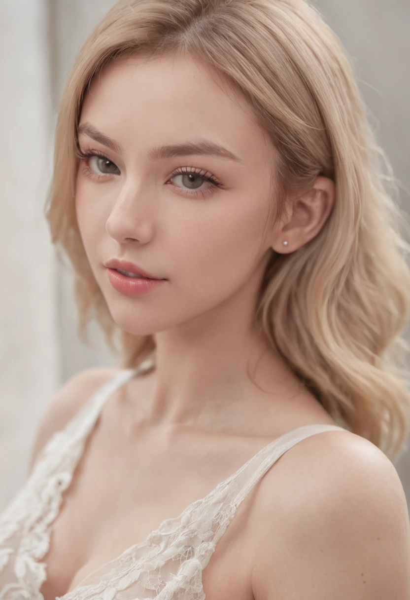 professional, (4k-photo:1.1) By (JeremyLipking:0.3), (Dietman Anna:0.3), (arian mark:0.3), (Sharp focus:1.3), High detail, Wearing (Tight shirt:1.2), Beautiful detailed face, browneyes, Short blonde hair, (Attractive young woman:1.3), (Seductive:1.1), (Blushing:1.1), Hourglass body type, Natural breasts, Wide hips