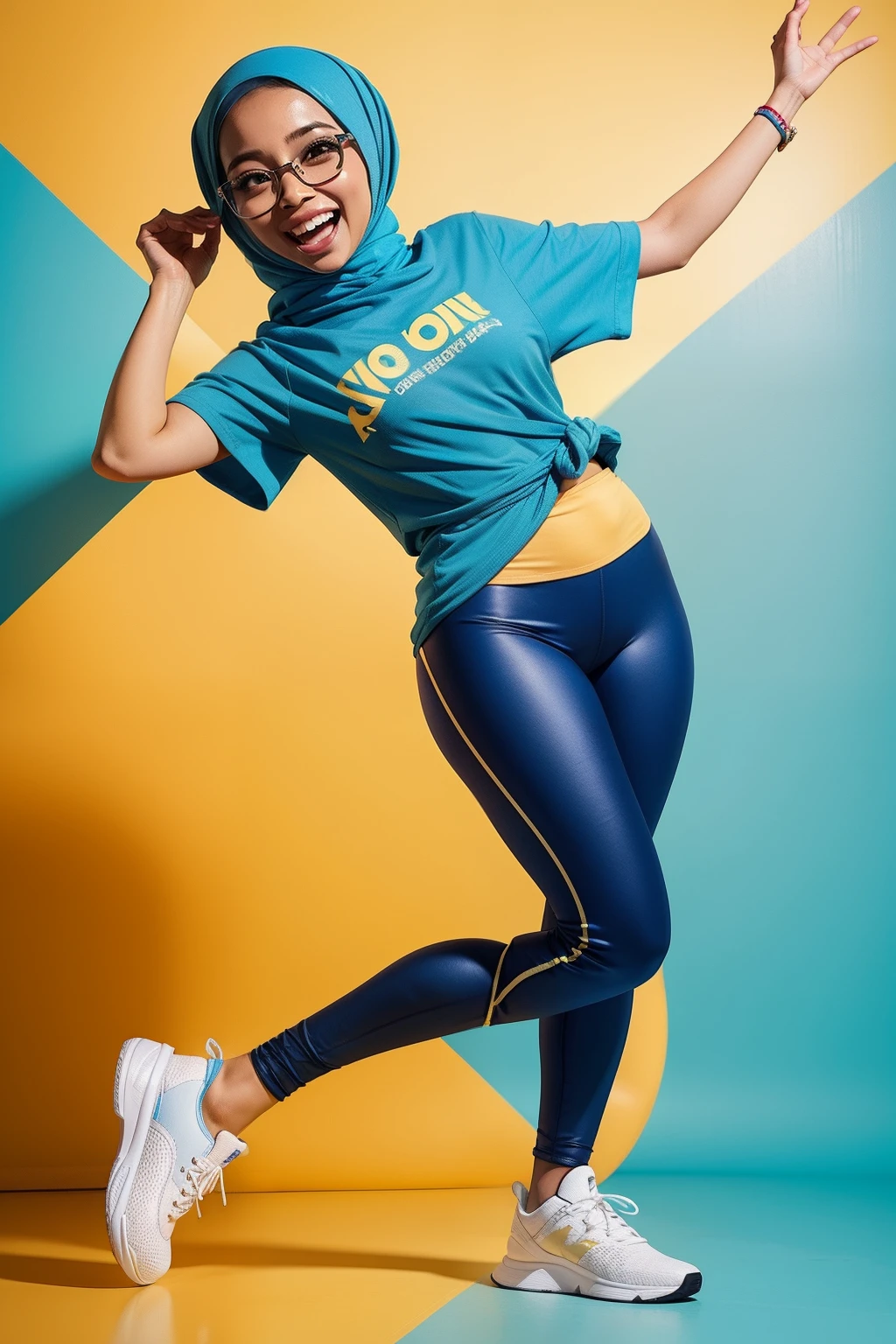 Sexy Malay woman wearing light blue cartoon tshirt and leggings in front of a yellow and light blue background, laughing, glasses, hijab, medium breast, slim, wide waist, full body photography,