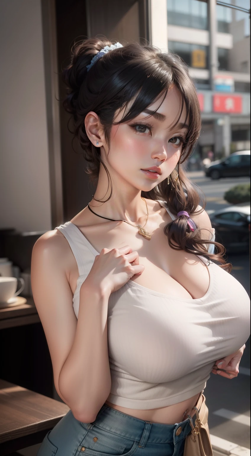(top-quality、8K、32K、tmasterpiece、hyper HD:1.2)、Photo of a cute Japanese woman、huge tit、Large full breasts、short-hair、The upper part of the body、sface focus、Oversized_Sweater、a necklace、simple background、from the above、looking at viewert、(Chest 1:2)(Clothes are completely transparent)big assa(Hip 1:2)
