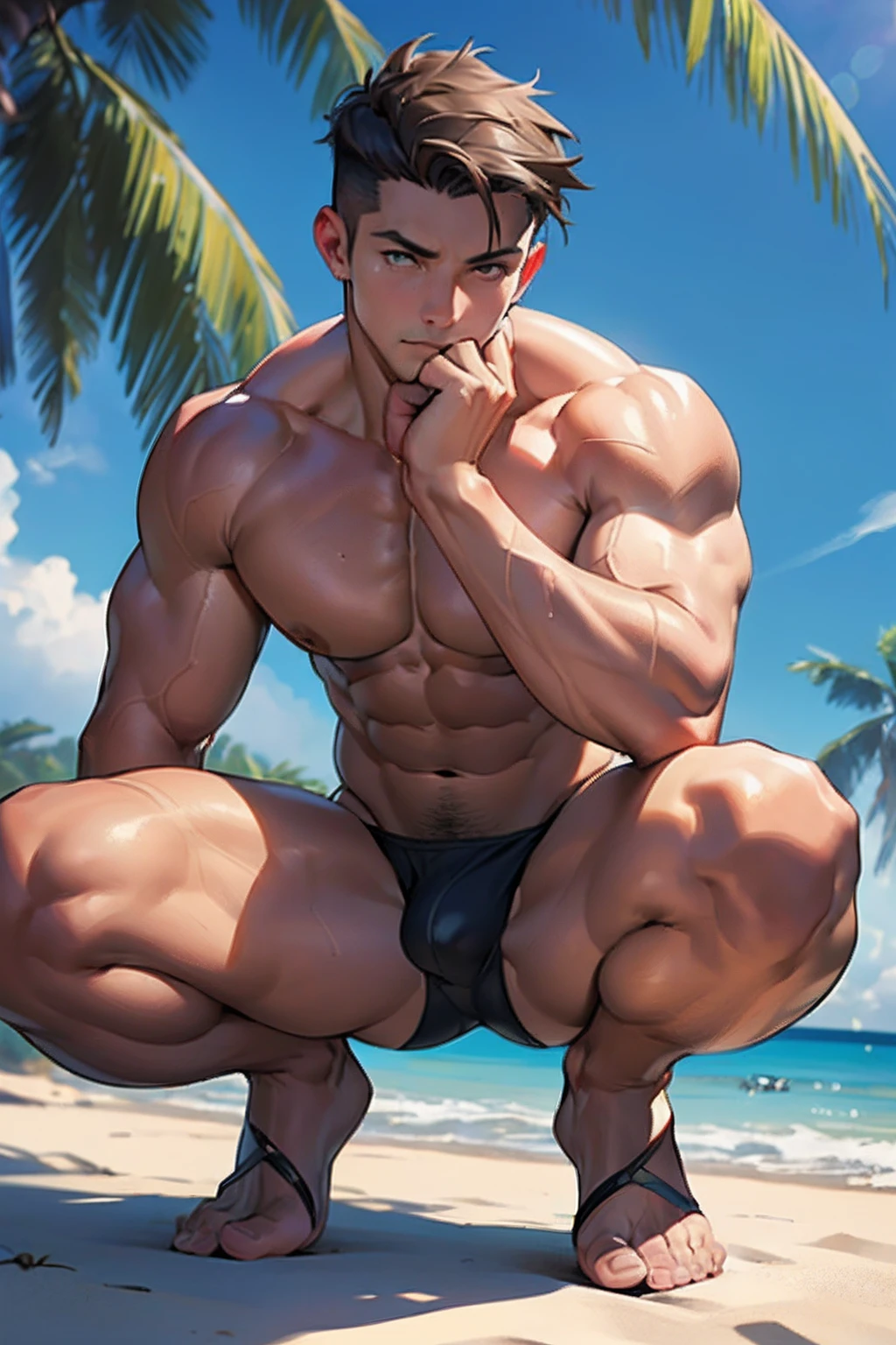 ((Best Quality, 8K, ultra-detailed, Masterpiece: 1.3)), 1boy, shiny skin, sharp, Perfect Body Beauty, realistic shaded perfect body, (cute :1.1),("bikini, big bulge ":1.2),(dynamic pose:1.1), thigh , (bulge focus:1.2) ,squatting