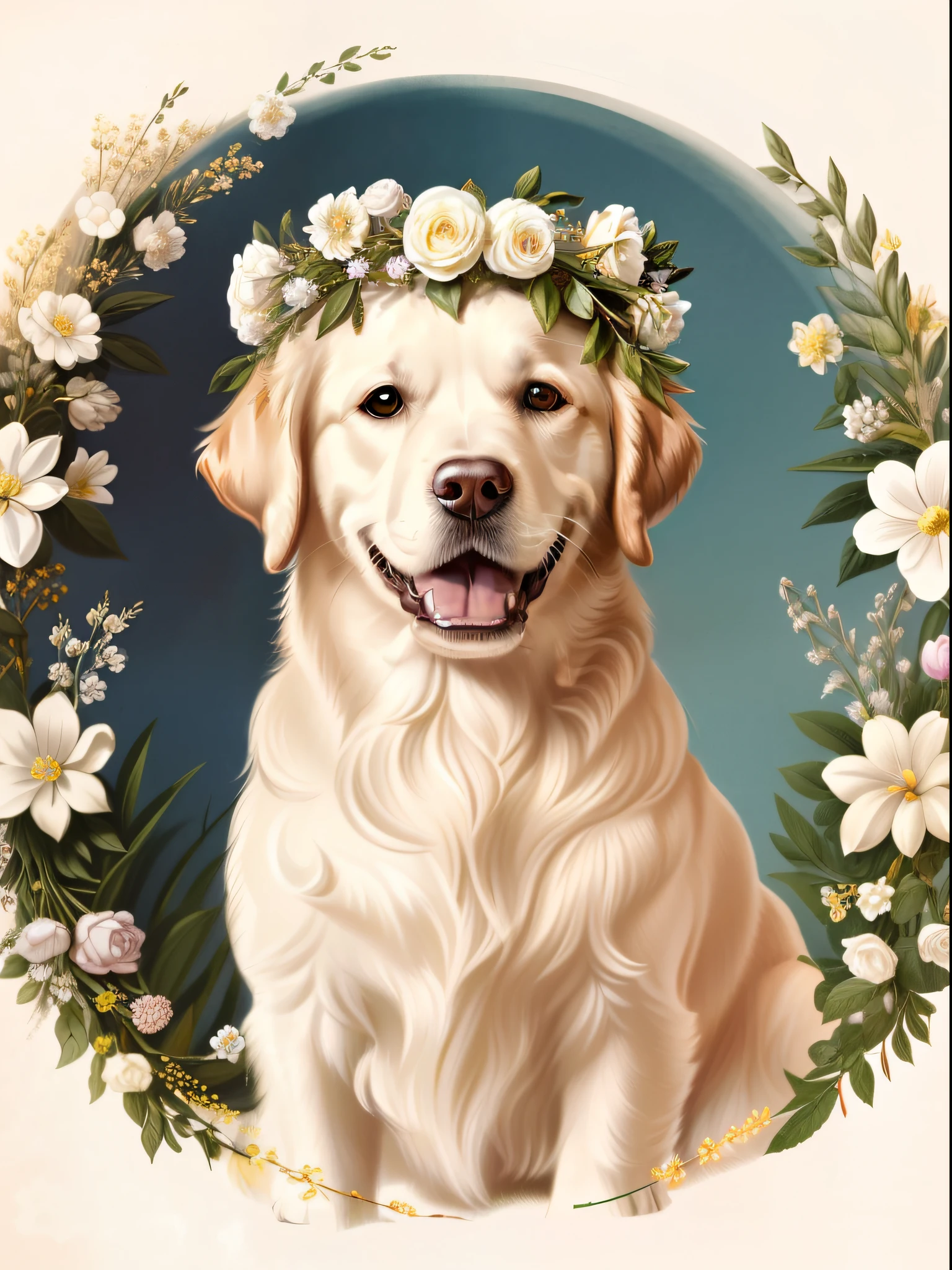 (top-quality:1.2)、(detaileds:1.2)、(masterpiece:1.2)、High resolution white golden retriever with a flower crown by John Edwards(1770 1775)Vintage dog illustration、Illustration of vintage plants、Antique background