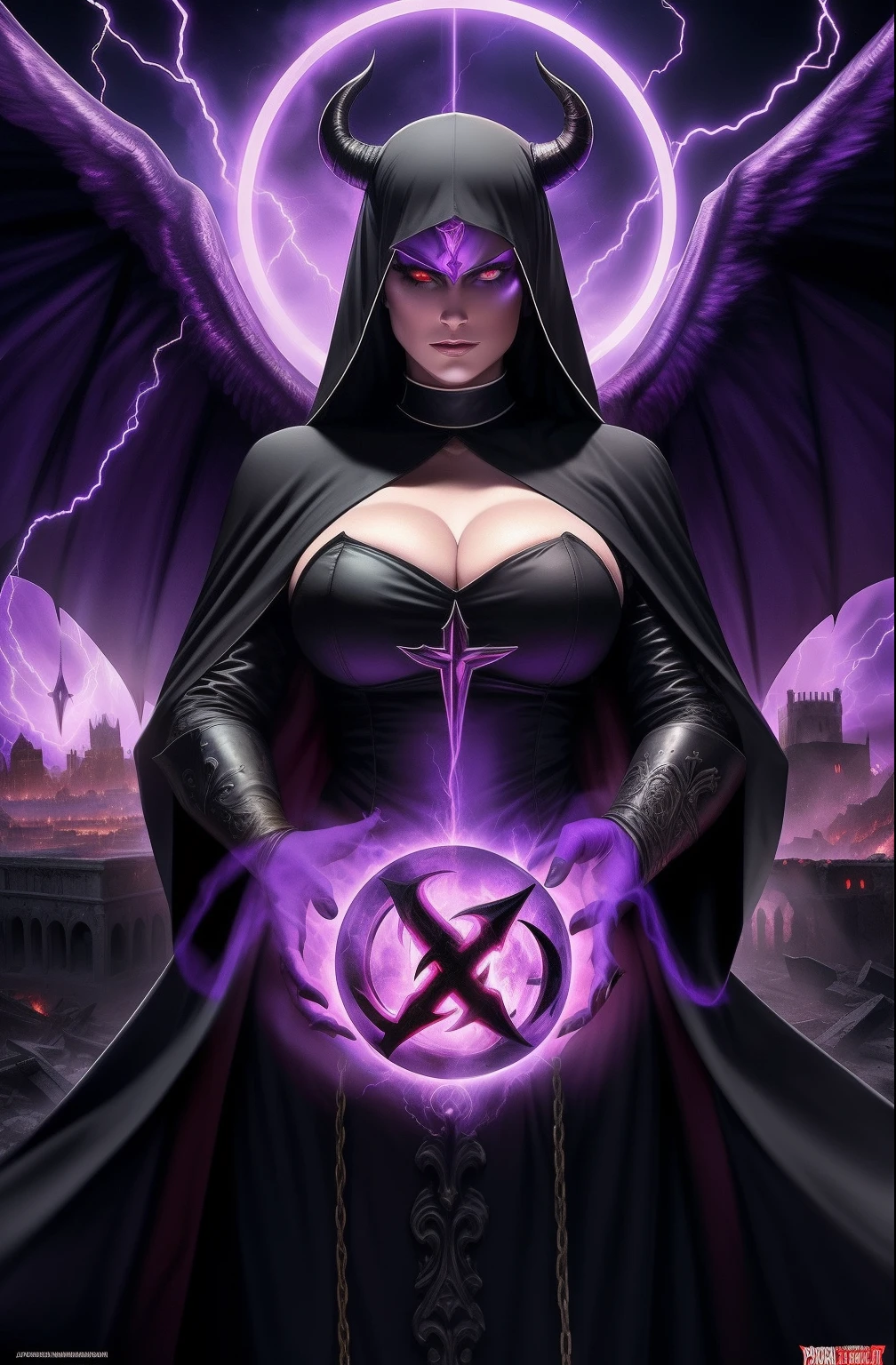 Lisa Ann: The evil nun, Demon horn, Demon wings on the head , sexy robe de nonne, His hands preparing a sphere of purple energy, diabolique, insidieux, Lightning strikes the post-apocalyptic ruins of a city , Context of the Satanic Church, detailled eyes, detailed hands