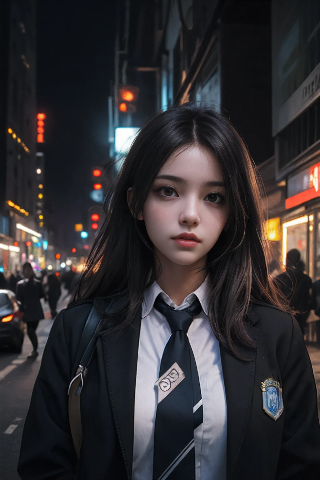 masterpiece, best_quality, realistic,1girl, cyberpunk, architecture, black_hair, brown_hair, building, city, (school uniform), scenery, night, lights