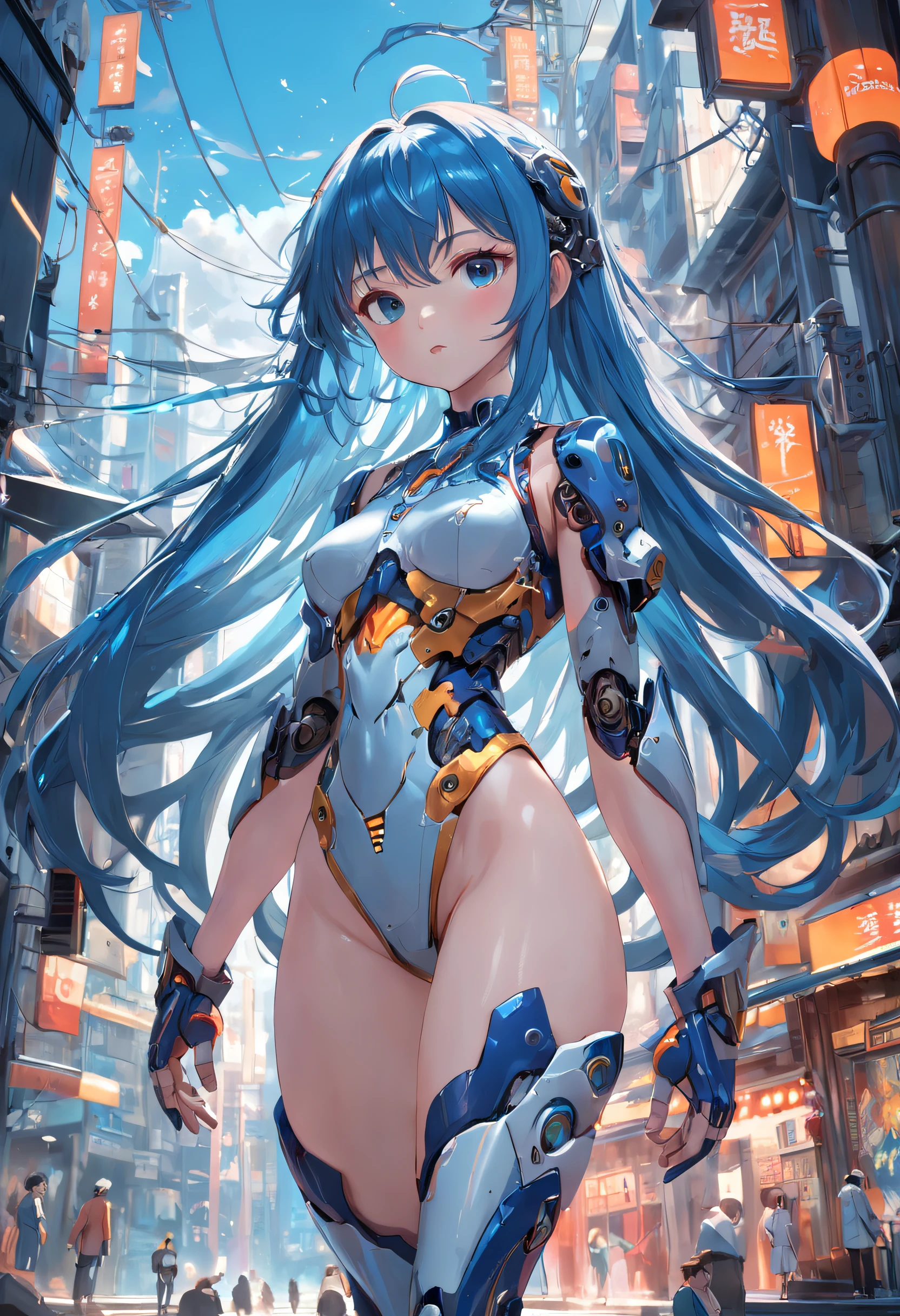 The best quality, high resolution, detailed 4k CG, masterpiece, amazing art, fine details, high details, complex details, blue long hair, girly feeling, big eyes, pure desire, lovely, young and beautiful, immortal,Flying ,, light and shadow, light,Gorgeous clothes,sea,Cyberpunk, mecha girl, mechanical body