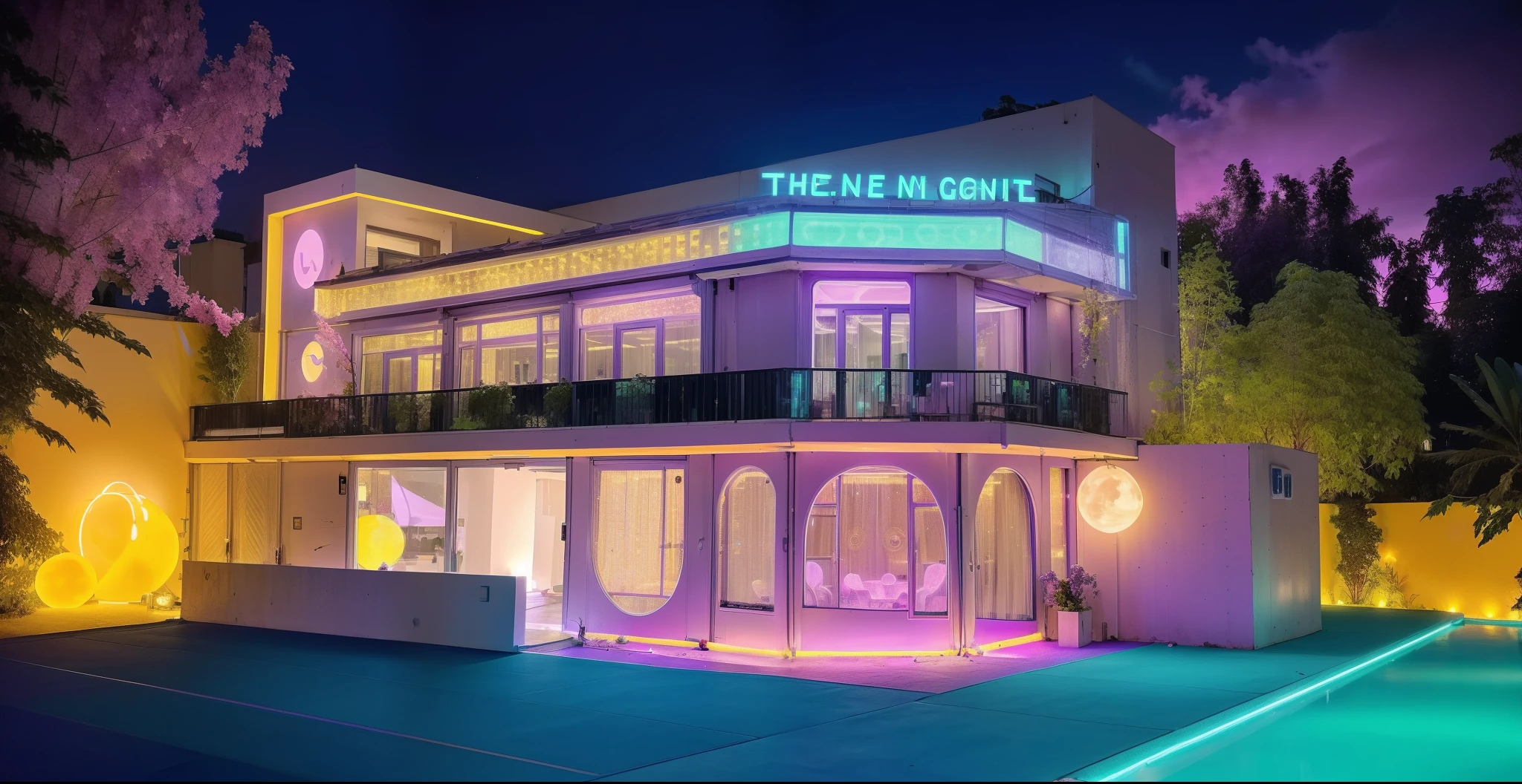 1 modern shop, white wall building/interior, large yard, swimming pool, 1 street in front of the house, (RAW photo, real, best quality, masterpiece: 1.2), modern look, 1 street in front of the house , warm yellow neon LED lights running around the house, indoor light brightness: 1.5, dynamic light: 1.3, (surreal, real photo: 1.2), high quality, (light dark light:1,2), perfect light, Archdaily, luzes roxas iluminam uma cama em um quarto escuro, luz ambiente roxa, Soft neon purple light, Dramatic neon light, with neon light, Colored light Purple, Neon Ambient Lighting, Cool Purple Lighting, Purple Accent Lighting, Dramatic Colorful Lighting, Bright Purple Room with Glowing Lights, Cyberpunk Room at Night, Ultra Mood Purple Lighting, Cool purple gray light, Vibrant and cheerful light, colorful flowers in front yard