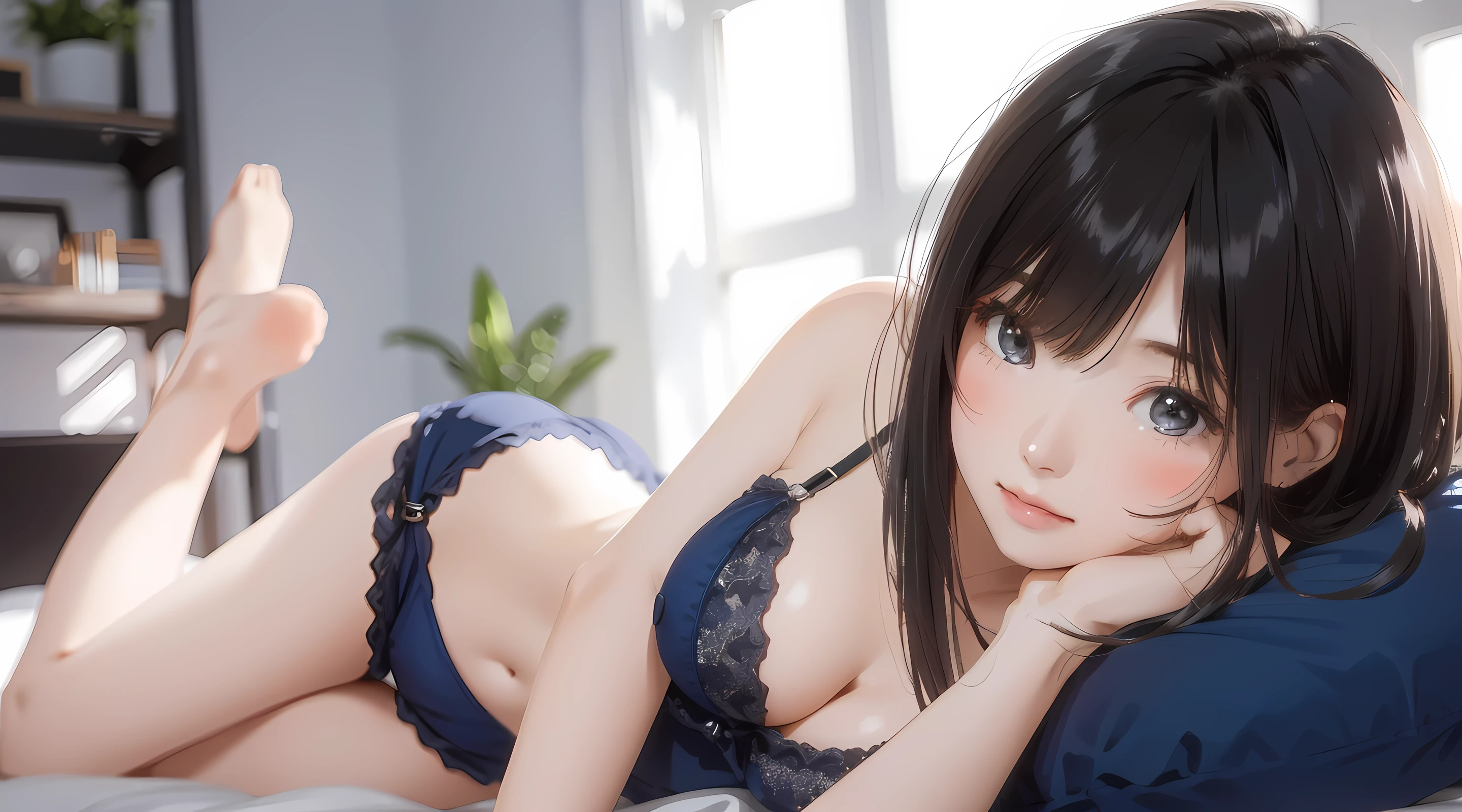 (Realistic: 1.6), (Soft Focus: 1.5), Sleeping girl, 26 years old, realistic, she is wearing blue panty, she is wearing blue pajama, she is wearing blue bra, DETAILED, MASTERPIECE, smooth skin, glowing long brown hair, soft lips, rich lighting, room lighting, cinematic lighting,(pink blush), [[open legs, spread legs]], (solo), dynamic pose, ((erectnipples)), (female pubic-hair), (slim legs)
