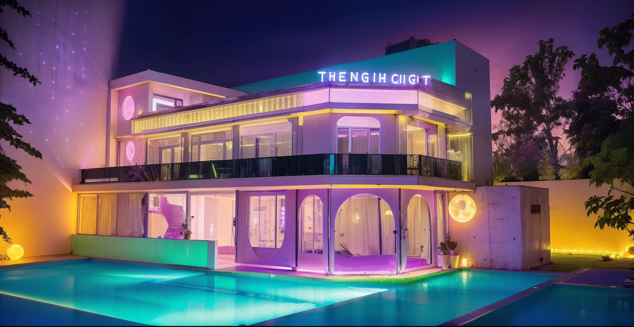 1 modern shop, white wall building/interior, large yard, swimming pool, 1 street in front of the house, (RAW photo, real, best quality, masterpiece: 1.2), modern look, 1 street in front of the house , warm yellow neon LED lights running around the house, indoor light brightness: 1.5, dynamic light: 1.3, (surreal, real photo: 1.2), high quality, (light dark light:1,2), perfect light, Archdaily, luzes roxas iluminam uma cama em um quarto escuro, luz ambiente roxa, Soft neon purple light, Dramatic neon light, with neon light, Colored light Purple, Neon Ambient Lighting, Cool Purple Lighting, Purple Accent Lighting, Dramatic Colorful Lighting, Bright Purple Room with Glowing Lights, Cyberpunk Room at Night, Ultra Mood Purple Lighting, Cool purple gray light, Vibrant and cheerful light, colorful flowers in front yard