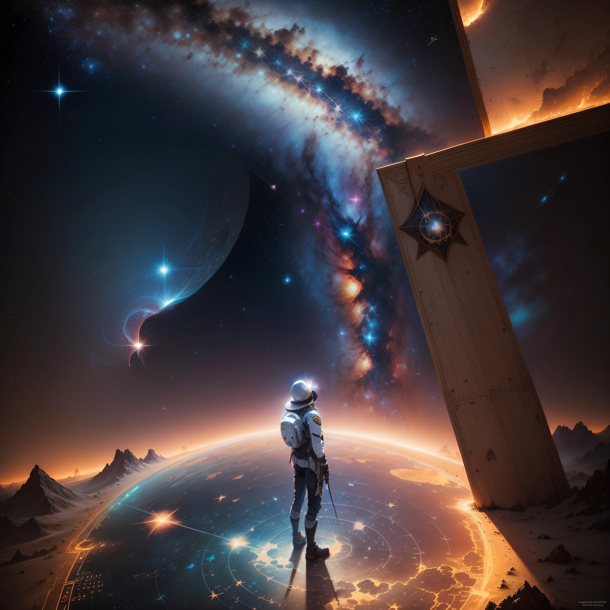 There is a picture of a map on the ground,There is a star map on it, Ultra-fine detail paintings by Jordan Grimmer, cg society contest winner, Space art, Chart, with a star - chart, Chart, celestial cosmos, constellation, geometry and astrology, Utopian galaxies, cosmic starry sky, view of the cosmos, The vast universe