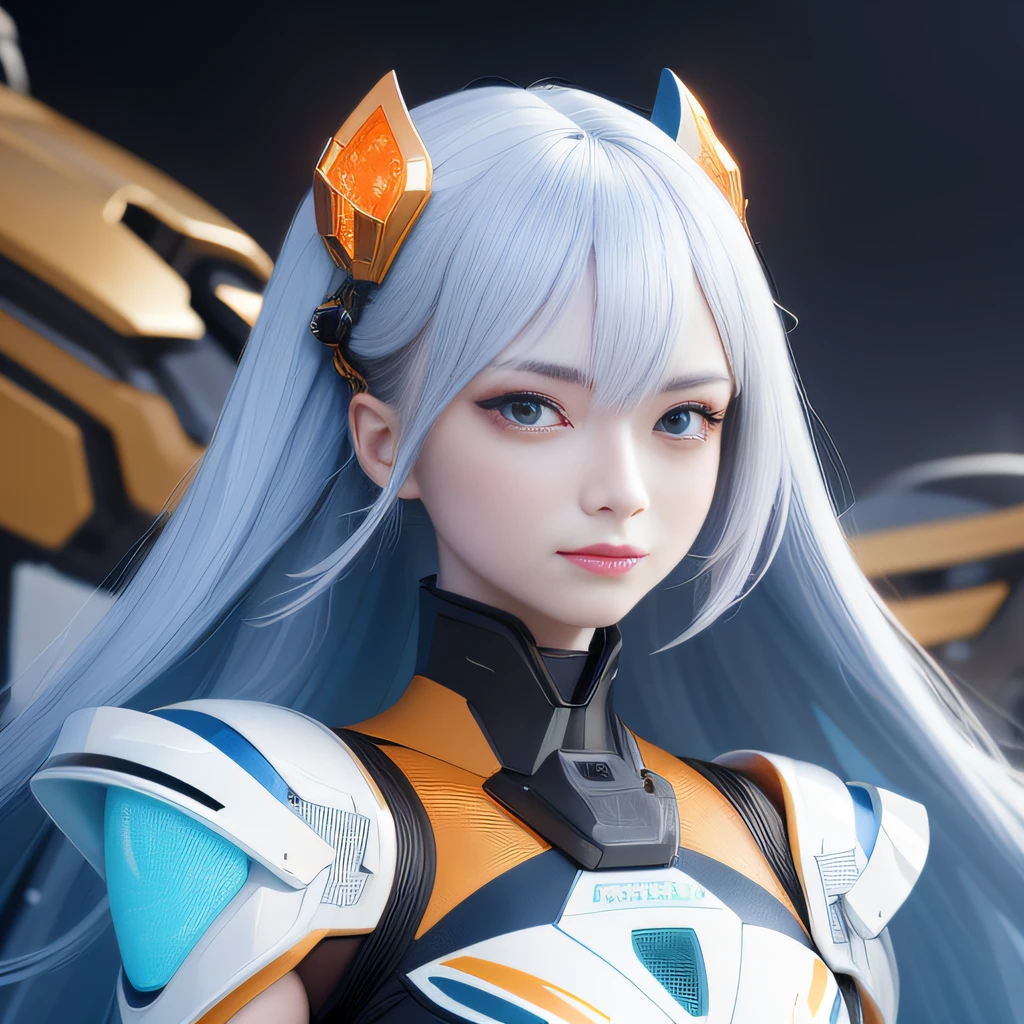 Highest image quality，Outstanding details，超高分辨率，（Fidelity：1.4），The best illustration，Favor the details，Highly cohesive 1girl，He has a delicate and beautiful face，Dressed in a light orange mech，wearing a mech helmet，Hold the direction controller，Ride on blue and white porcelain，Blue and white porcelain background，It is the high-tech lighting of the abandoned city of the future，