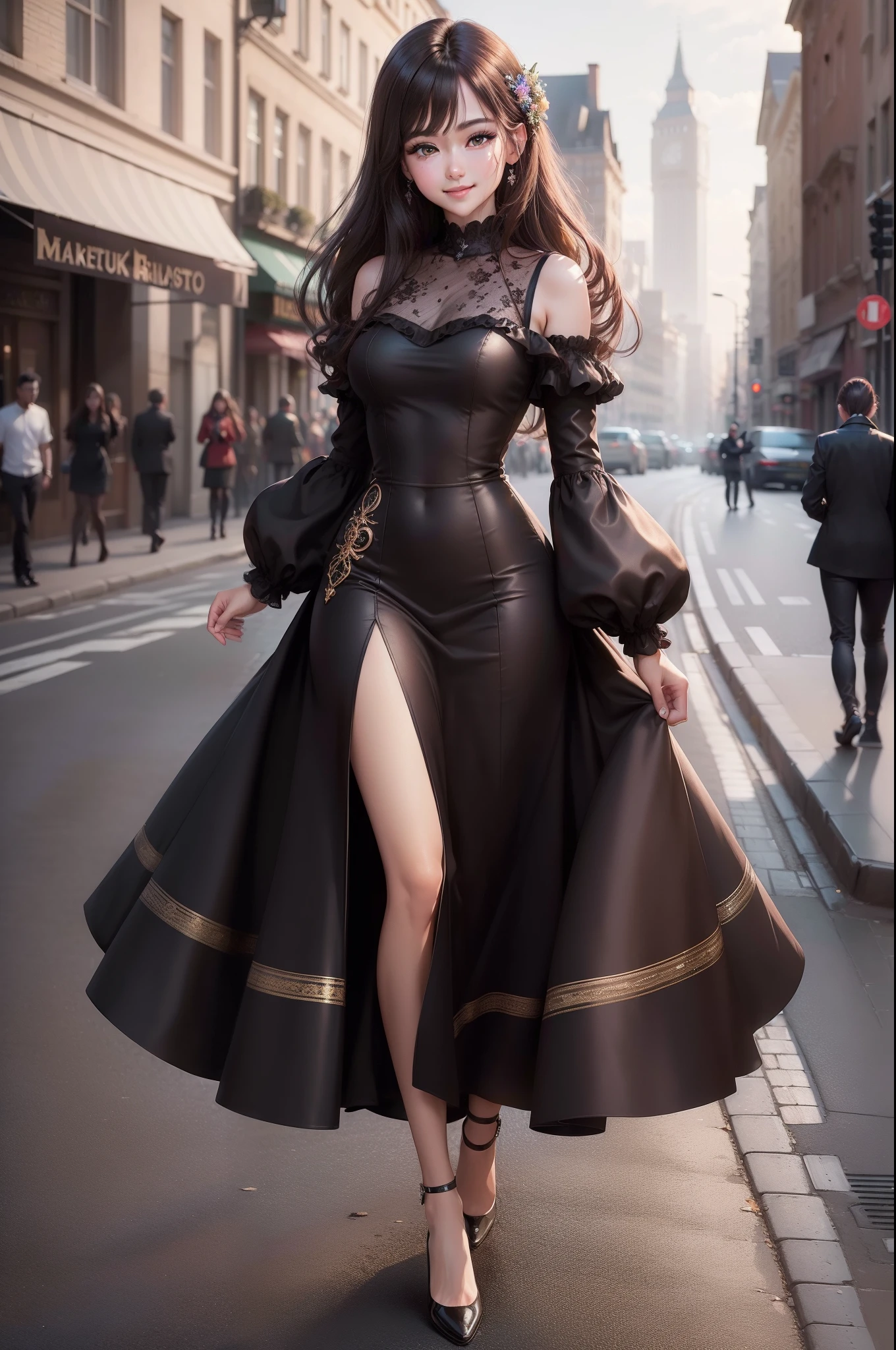 ((Best quality, 8k, Masterpiece :1.3)), 1girl, smiling, full body, slim face, Pretty woman, (Dark brown hair), full length dress :1.1, Ultra-detailed face, Detailed eyes, Double eyelid, blur background, slim face, city, outside, street,