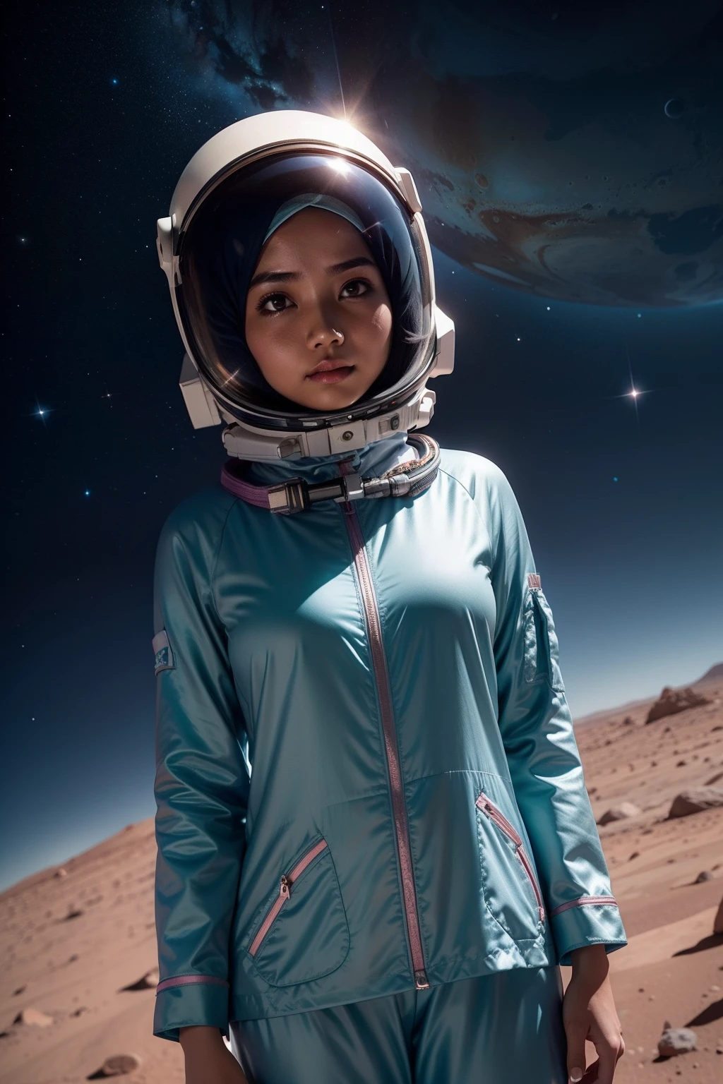 Malay girl with satin hijab and modest long pyjamas on mars with astronaut helmet, planet earth background, mid shot photography, portrait photography, ray lighting, perfect body, shy pose, close up, pastel blue color