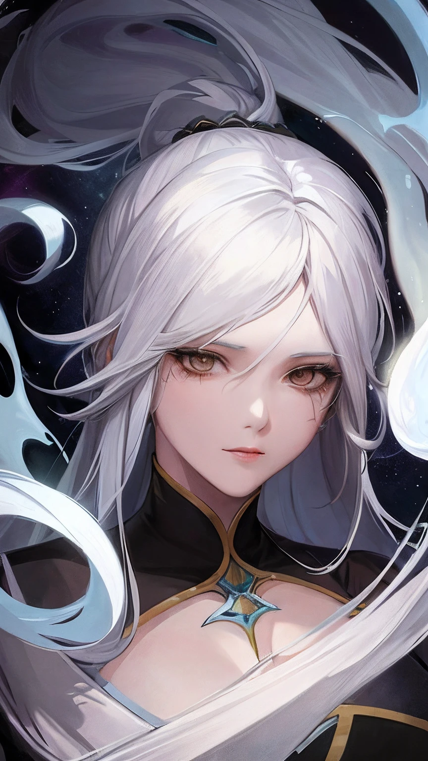 close-up of a woman with white hair and white mask,Belle peinture de personnage,Guviz,Guviz-style artwork,white-haired god,Yang J,Epic and beautiful character art,Stunning character art,