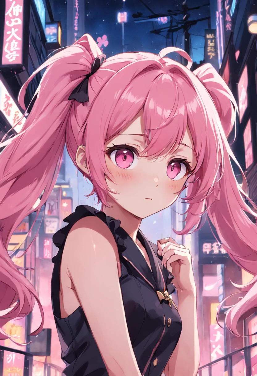 pink hair, ponytail, hairclip, wince, blush，20s anime aesthetics.20s anime