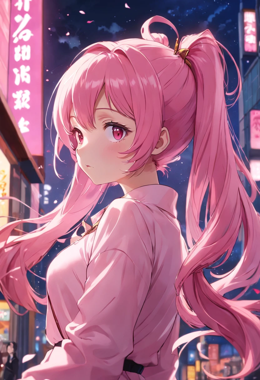 pink hair, ponytail, hairclip, wince, blush,20s anime aesthetics.20s anime