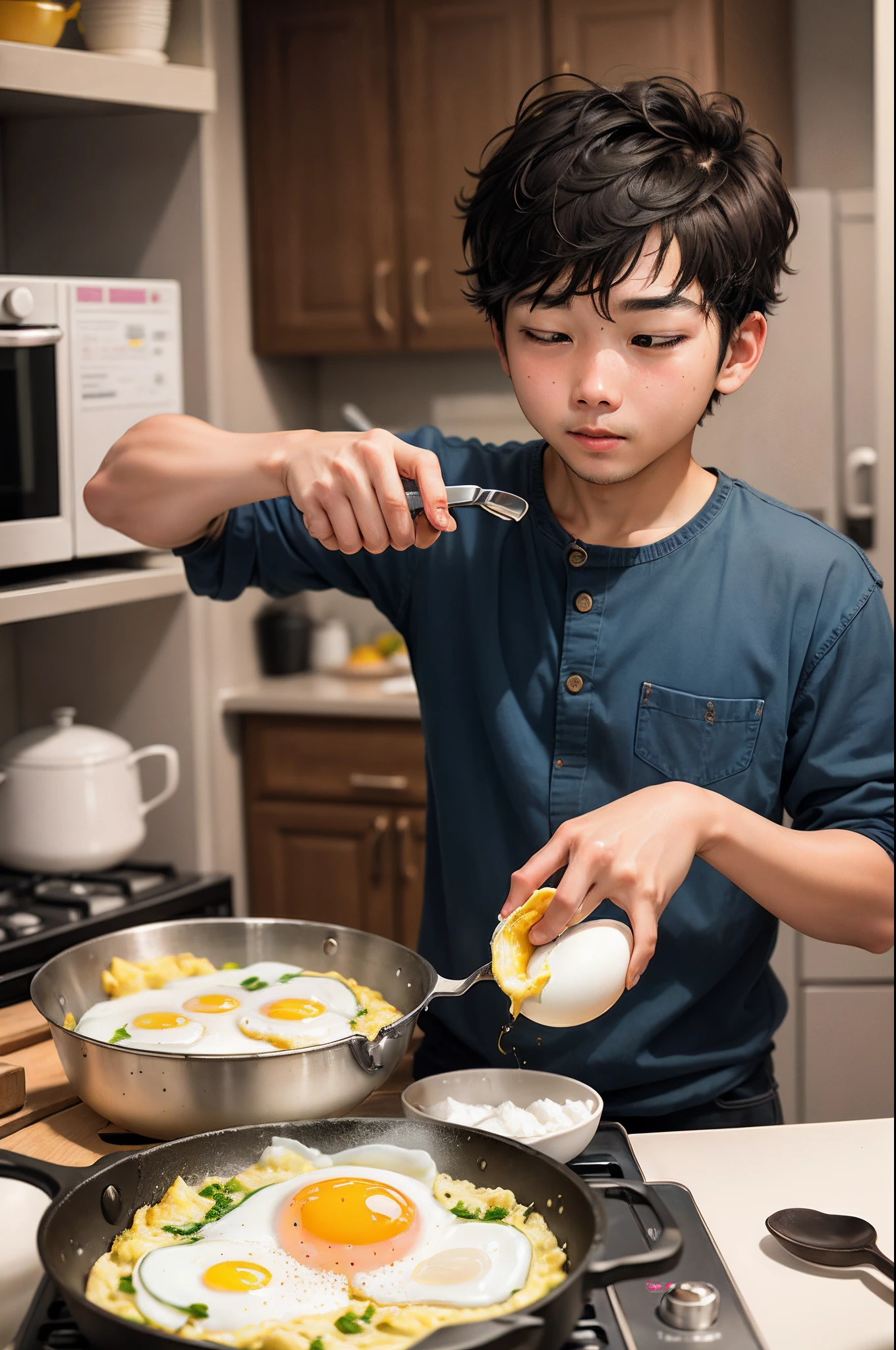 I took a picture of my friend who was frying eggs with my iPhone，He fried the eggs over and over again