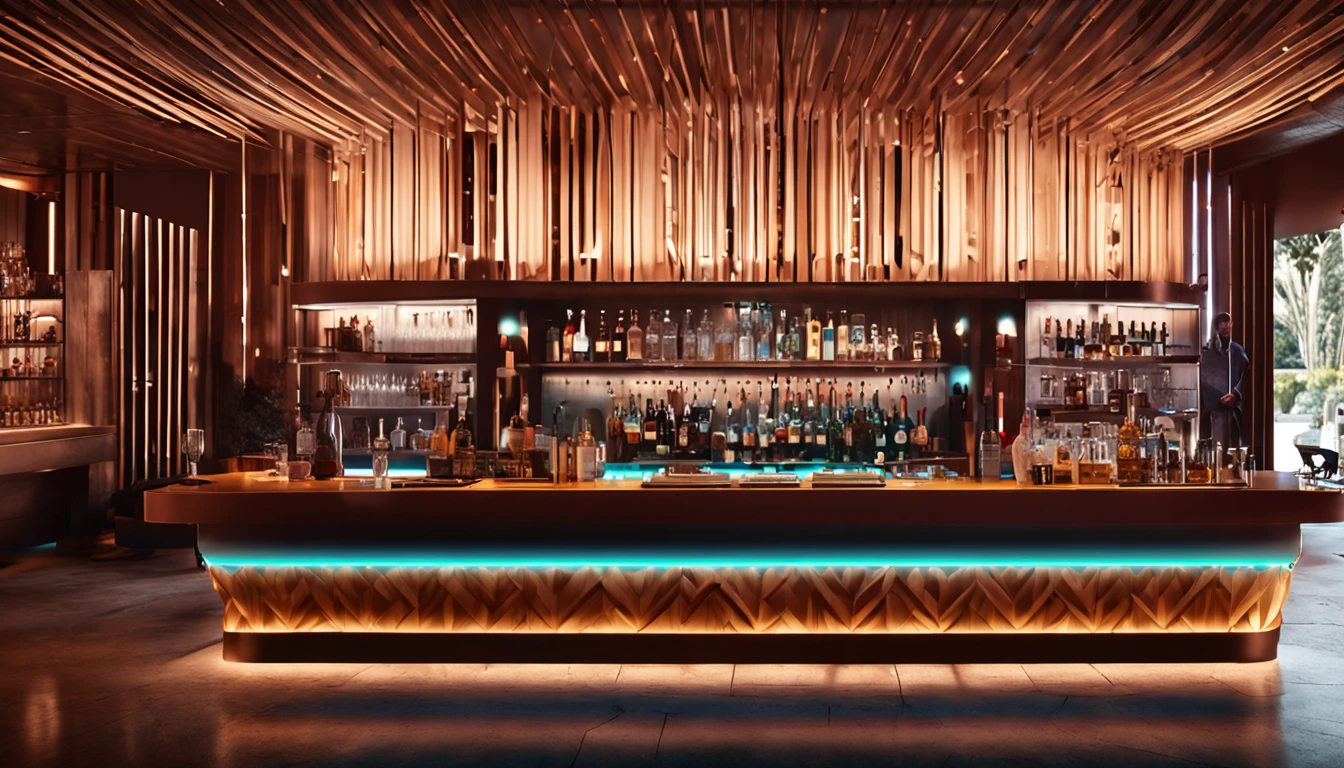 bar desfocado no fundo, wide vision, mesa de madeira, cores quentes, alto detalhe, fotorrealismo