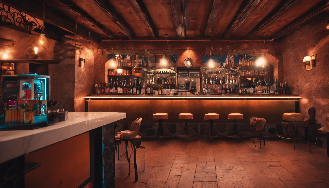 bar desfocado no fundo, wide vision, mesa de madeira, cores quentes, alto detalhe, fotorrealismo