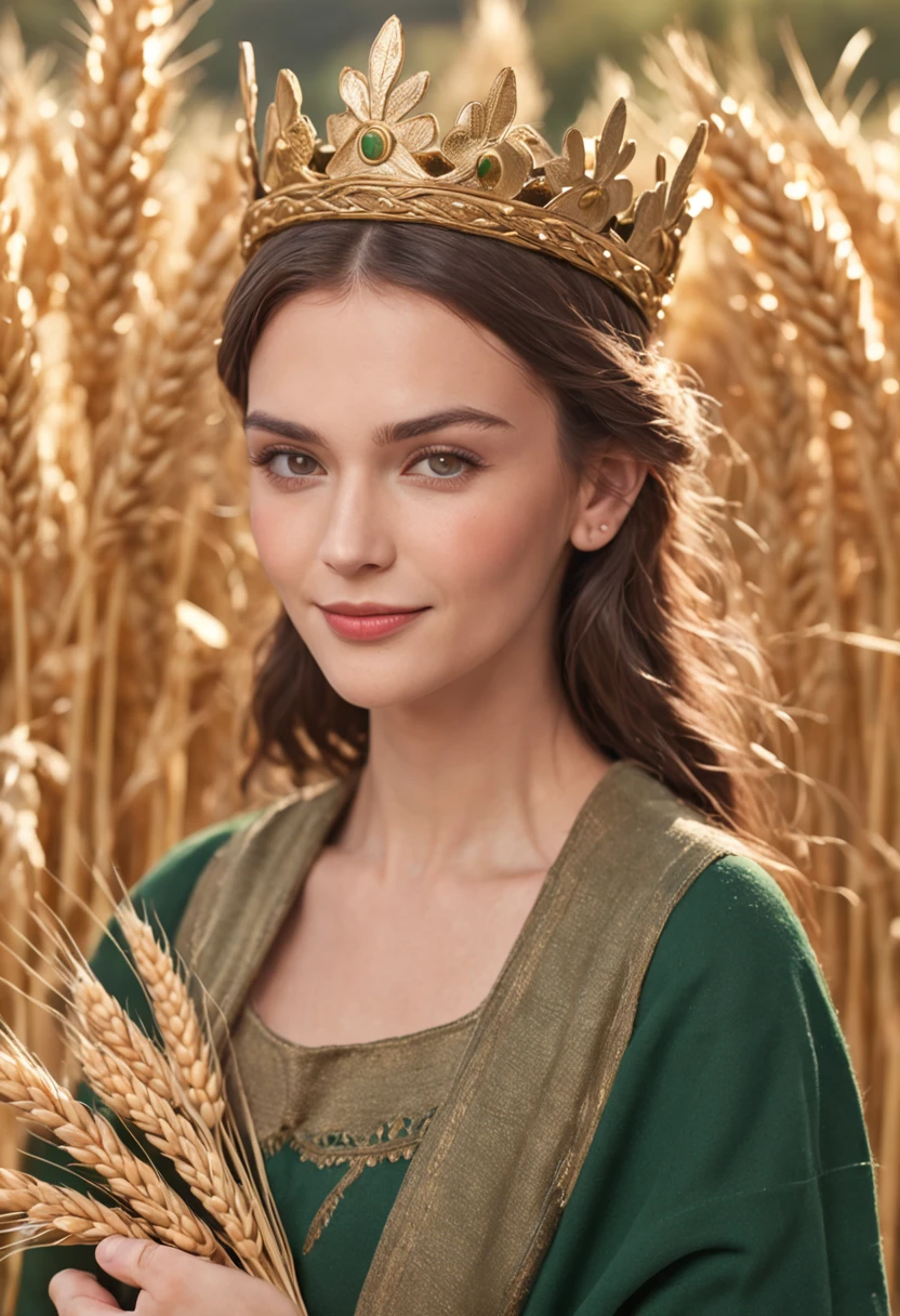 Greek mother goddess of harvest and agriculture, With dark blonde hair and light brown eyes, ((Wears dark green robe and crown of wheat)), Is smiling happily, Holding golden ear of wheat, Ancient Ionian barley field and mountain, Greek mythology, harvest, super high quality, ultra accurate description of hands, photorealistic, UHD, super detail, masterpiece, 8K