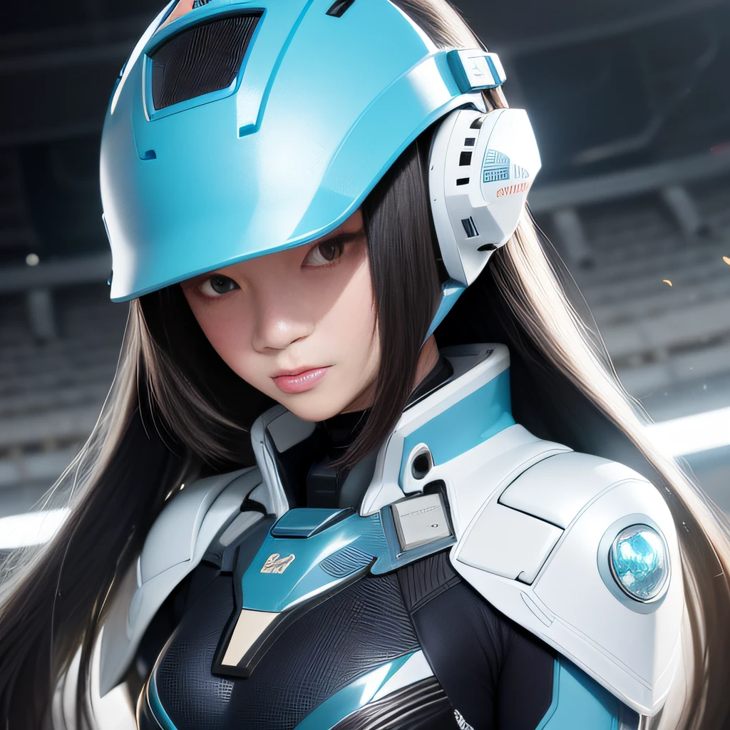 Highest image quality，Outstanding details，超高分辨率，（Fidelity：1.4），The best illustration，Favor the details，Highly cohesive 1girl，He has a delicate and beautiful face，Dressed in a light blue mech，wearing a mech helmet，Hold the direction controller，Riding on a motorcycle，The background is a high-tech lighting scene of the abandoned city of the future。