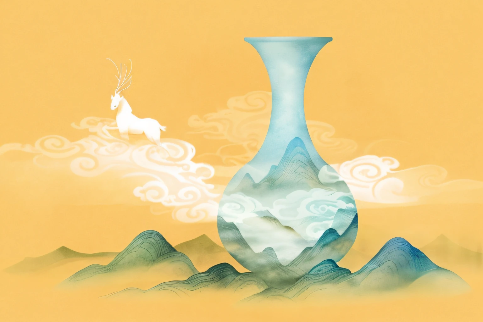 There is a painting of a vase,There is a horse in the sky above, Inspired by Ma Yuan, serene illustration, chinese surrealism, dreamlike illustration, blurry and dreamy illustration, blurry and dreamy illustration, Stylized digital illustration, A beautiful artwork illustration, vases, Digital illustration, style of chinese vase, hyper-realistic illustration, 数字插图 -, Chinese fantasy, Chinese watercolor style