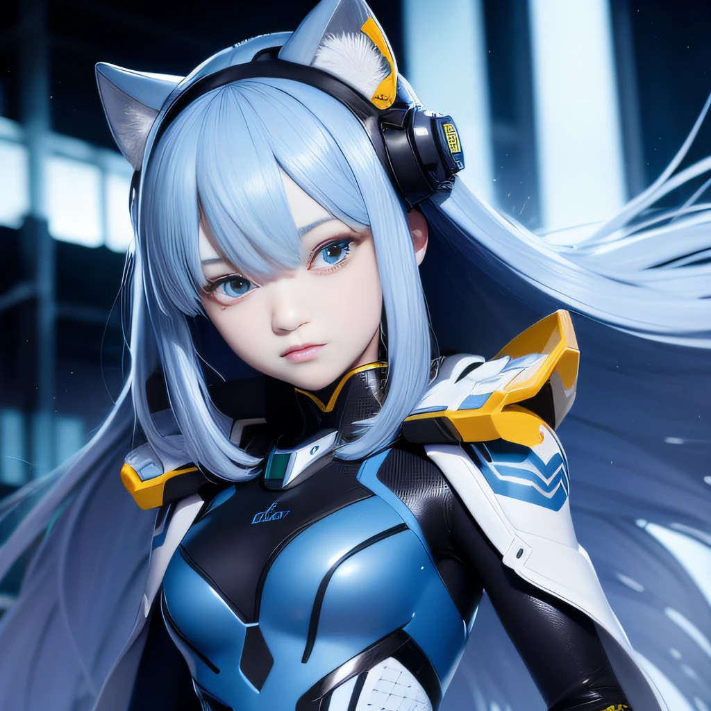 Highest image quality，Outstanding details，超高分辨率，（Fidelity：1.4），The best illustration，Favor the details，Highly cohesive 1girl，He has a delicate and beautiful face，Dressed in a light blue mech，wearing a mech helmet，Hold the direction controller，Riding on a motorcycle，The background is a high-tech lighting scene of the abandoned city of the future。
