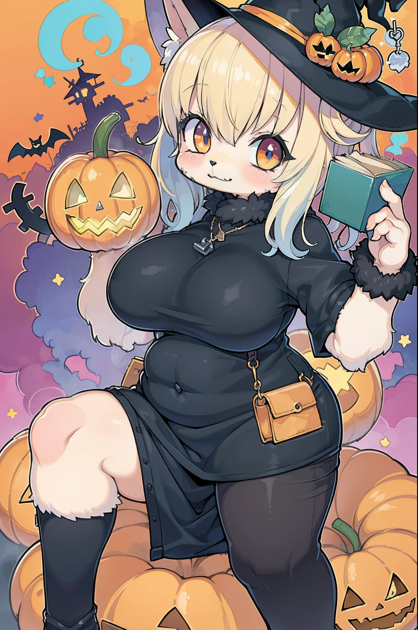 witch and pumpkin with a broom and a pumpkin, big real life mother, halloween art style, she is a gourd, by Kamisaka Sekka, witch academy, witch academy, high quality fanart, trick or treatment, cute, witch girl, in a halloween style, woman((Toriel)) witch, witch, cute, witch, by Shingei, 🍁 🍂  Toriel ((female, antrho, goat)), large breast neckline, breasts with neckline, clothing with neckline, bust to show