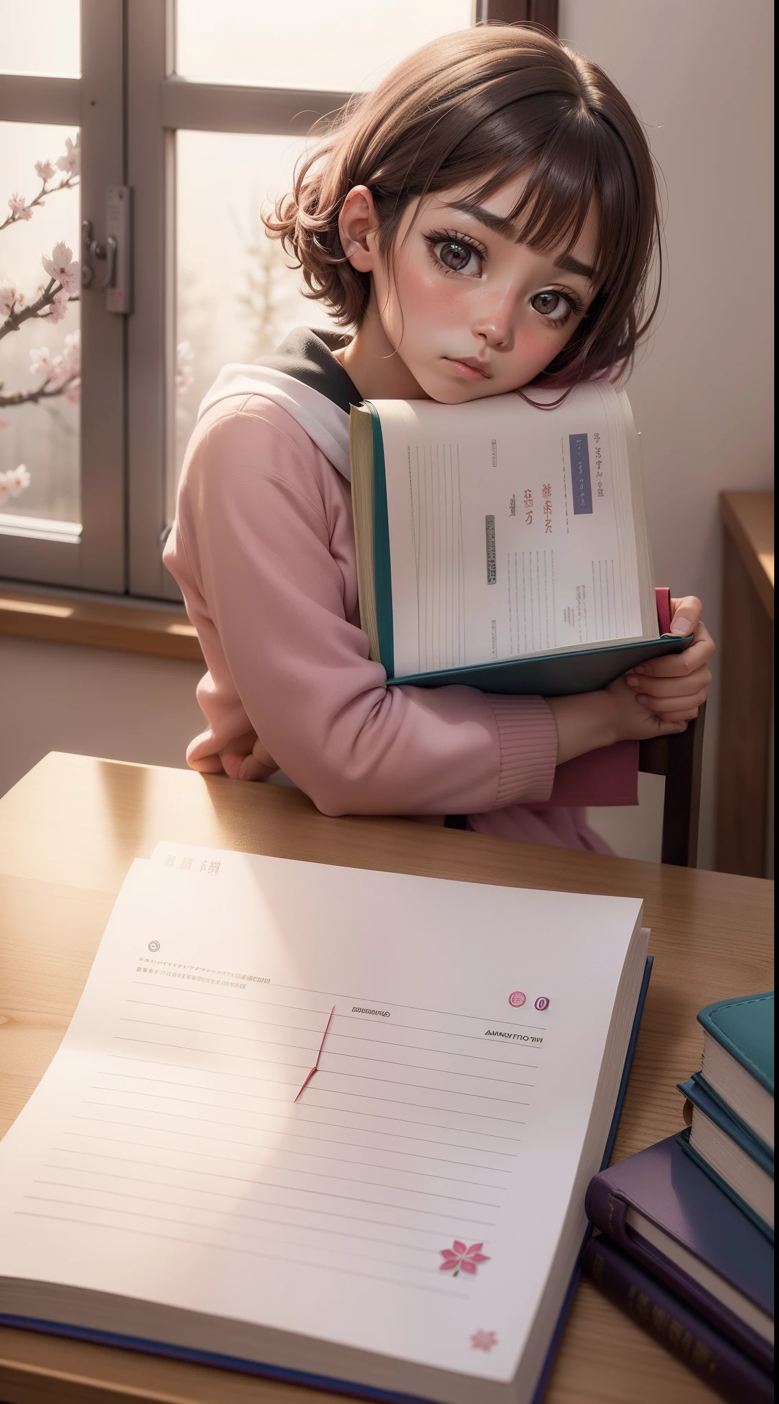 Sakura Kinomoto estudando para o Enem, Com livros e papelaria ao fundo, mesa, livros estudarem cuidadosamente, my focused expression, and the clock showed that the present time was ten o'clock at night