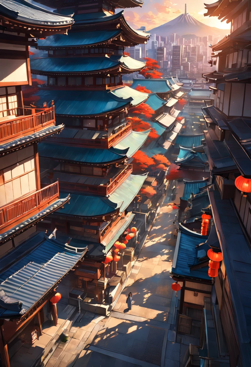 Japanese traditional cityscape, with bustling buildings, bathed in the warm midday sunlight, offering a magnificent view from above."