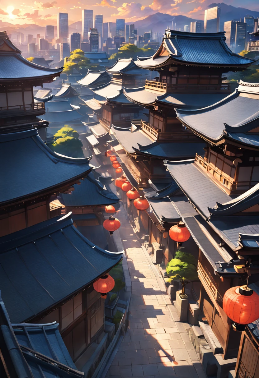 Japanese traditional cityscape, with bustling buildings, bathed in the warm midday sunlight, offering a magnificent view from above."