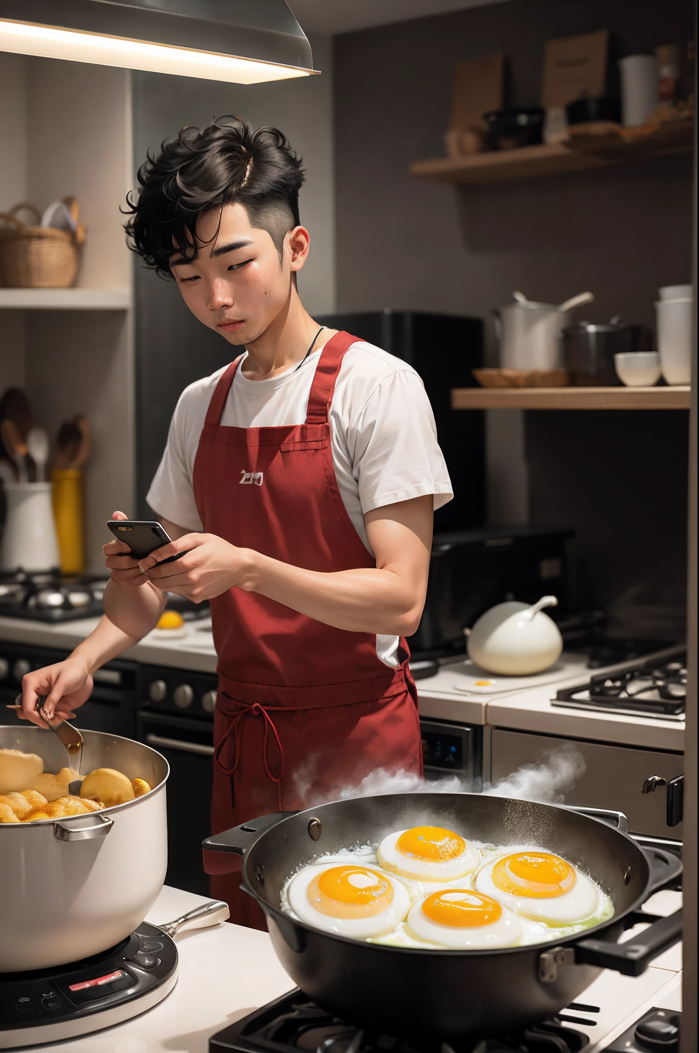 I took a picture of my friend who was frying eggs with my iPhone,He fried the eggs over and over again