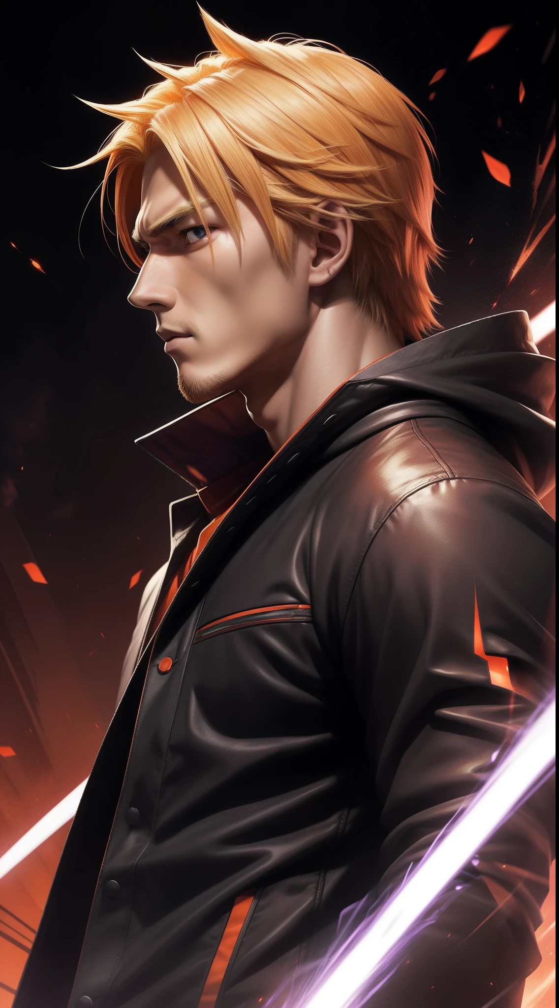 Profile picture, masterpiece, extremely accurate rendering, Kurosaki Ichigo coldly handsome, blonde, looking at the viewer, solo, trustworthy, savior of the world, simple design, best image , 8K, light red eyes, original orange clothing style according to the characters in the story, reflecting purple-red sparks on the chest.