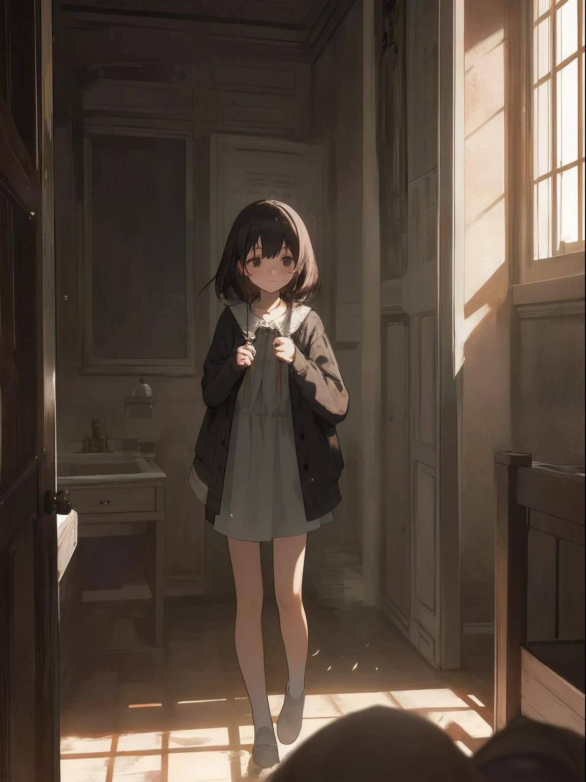masterpiece, top-quality, 1girl in, The upper part of the body, rubbing eyes、shorth hair, , A dark-haired, tower、Loose clothing、 frilld、number of people: alone
action: Get up、Heartwarming、morning、Light shining、inside in room