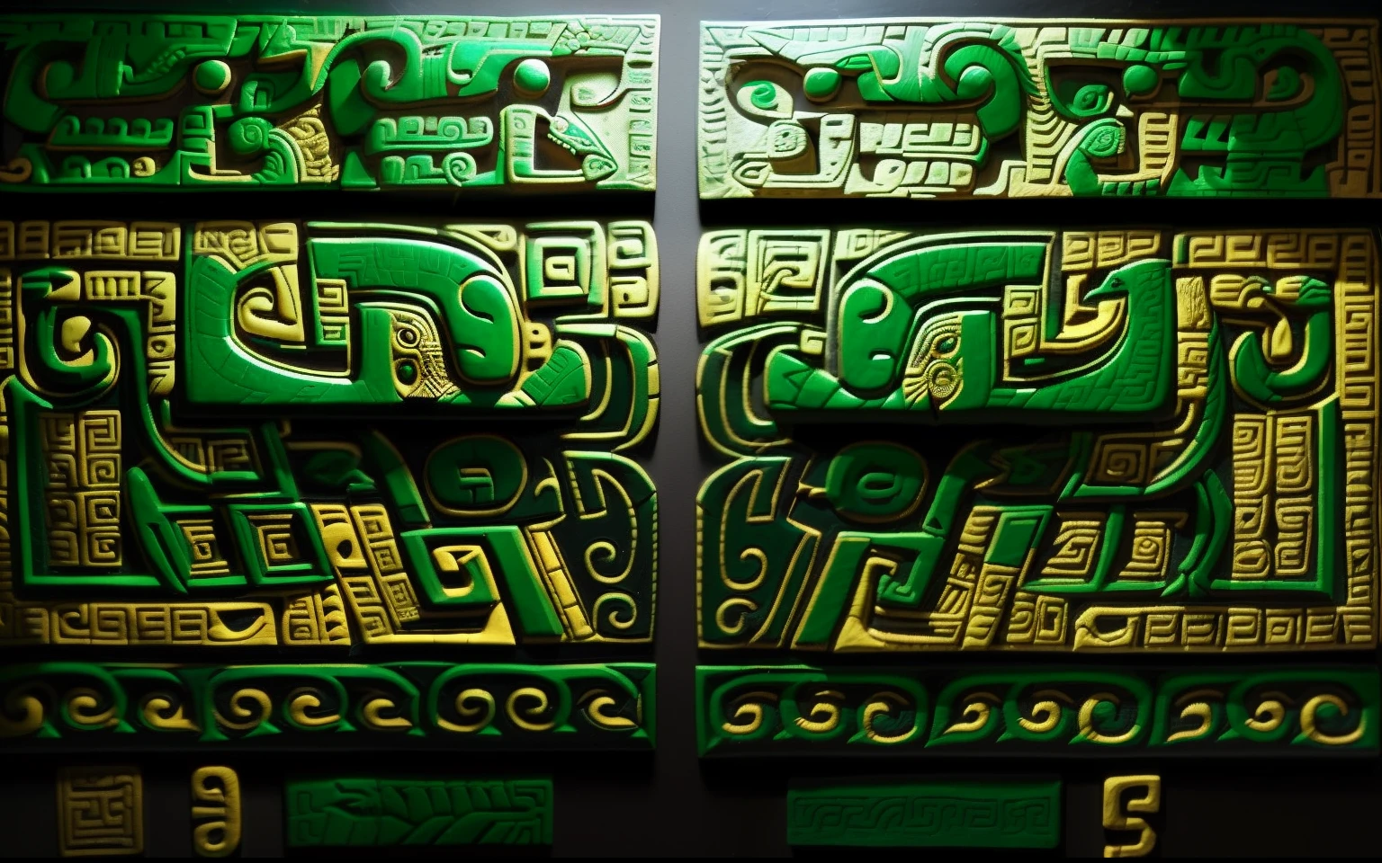 Green and black figure with bird motif, Hippi Bo model, teonanacatl glyph, nazca design, Hippeibo, crocodile reptilian motifs, mayan style, alien glyphs, quetzalcoatl, mayan, highly detailed panel cuts, artwork in the style of z.ancientry，em 1400 antes de cristo