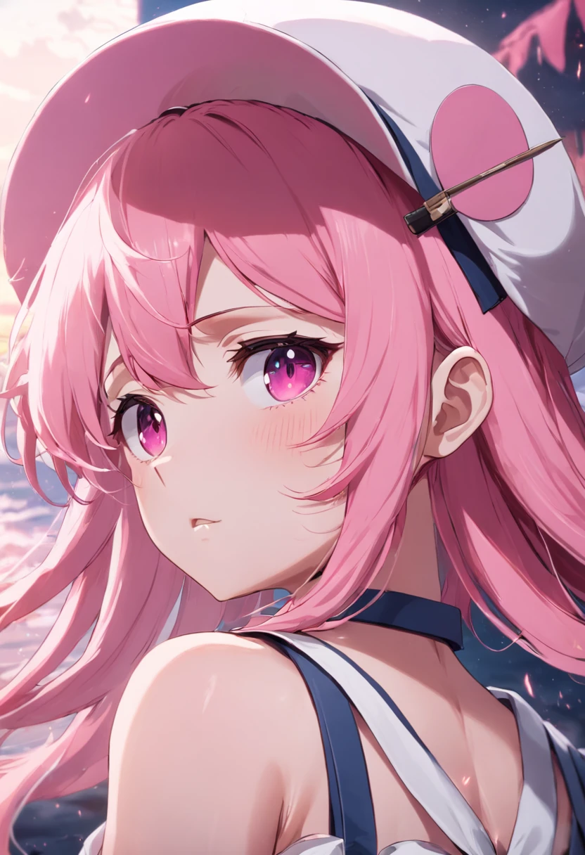 pink hair, shy, hollow eyes, sailor hat,20s anime aesthetics.20s anime