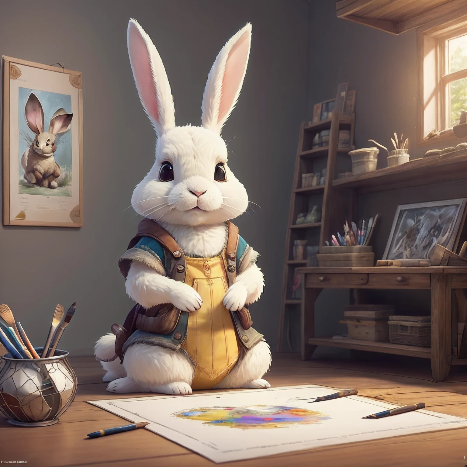 A cute rabbit is drawing with a paintbrush，unreal-engine，cozy indoor lighting，art  stations，detailed digital painting，cinematic ligh，Character design for Mark Raden and Pixar and Hayao Miyazaki，illusory 5，daz，ultra-realistic realism，Octane rendering，3DMDT1 --auto