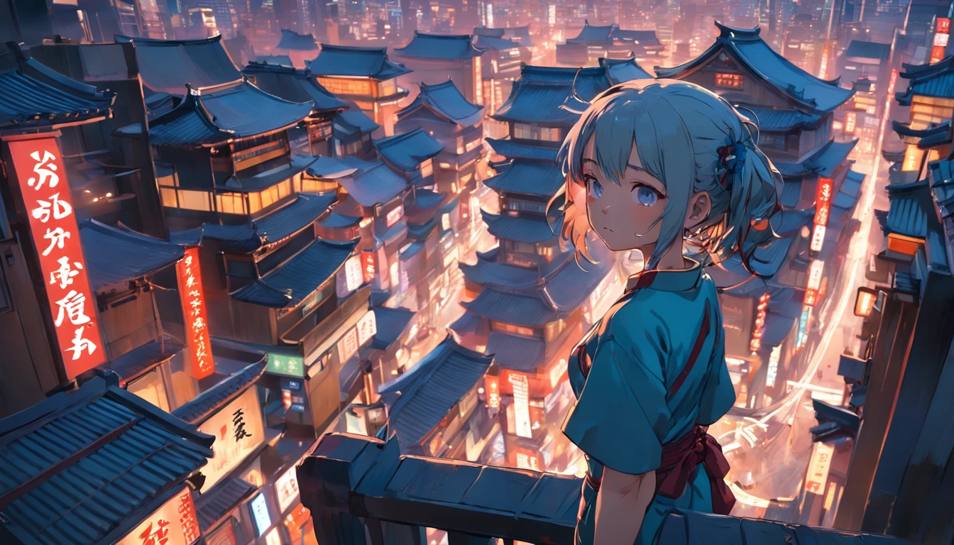 Japanese traditional cityscape, with bustling buildings, bathed in the warm midday sunlight, offering a magnificent view from above, traditional cyberpunk girl looking over the city excitedly