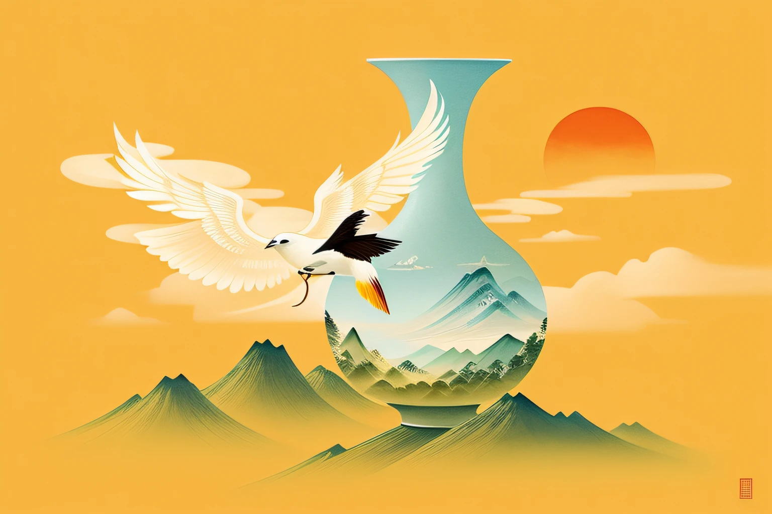 There is a painting of a bird flying over a vase, A beautiful artwork illustration, chinese surrealism, Inspired by Ma Yuan, author：Golden Farmer, japanese art on behance, Chinese watercolor style, Chinese painting style, in the style of Cyril Rolando, an illustration of inspired by Victo Ngai, Inspired by Cyril Rolando, Chinese style painting, serene illustration