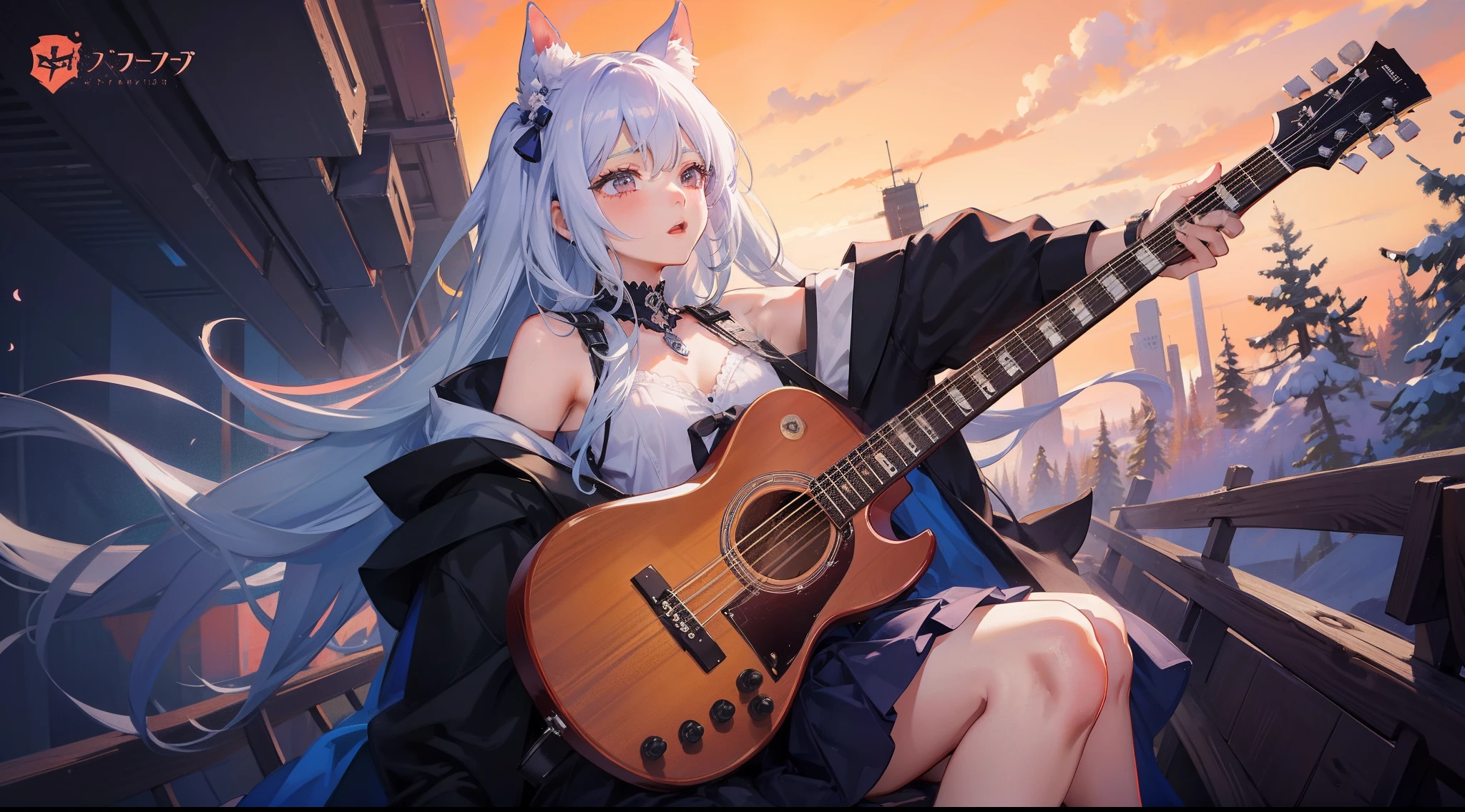 tmasterpiece,Need,full bodyesbian,1girll,guitar、4k、(Cover style:1.3)、鎖骨、stocklings、