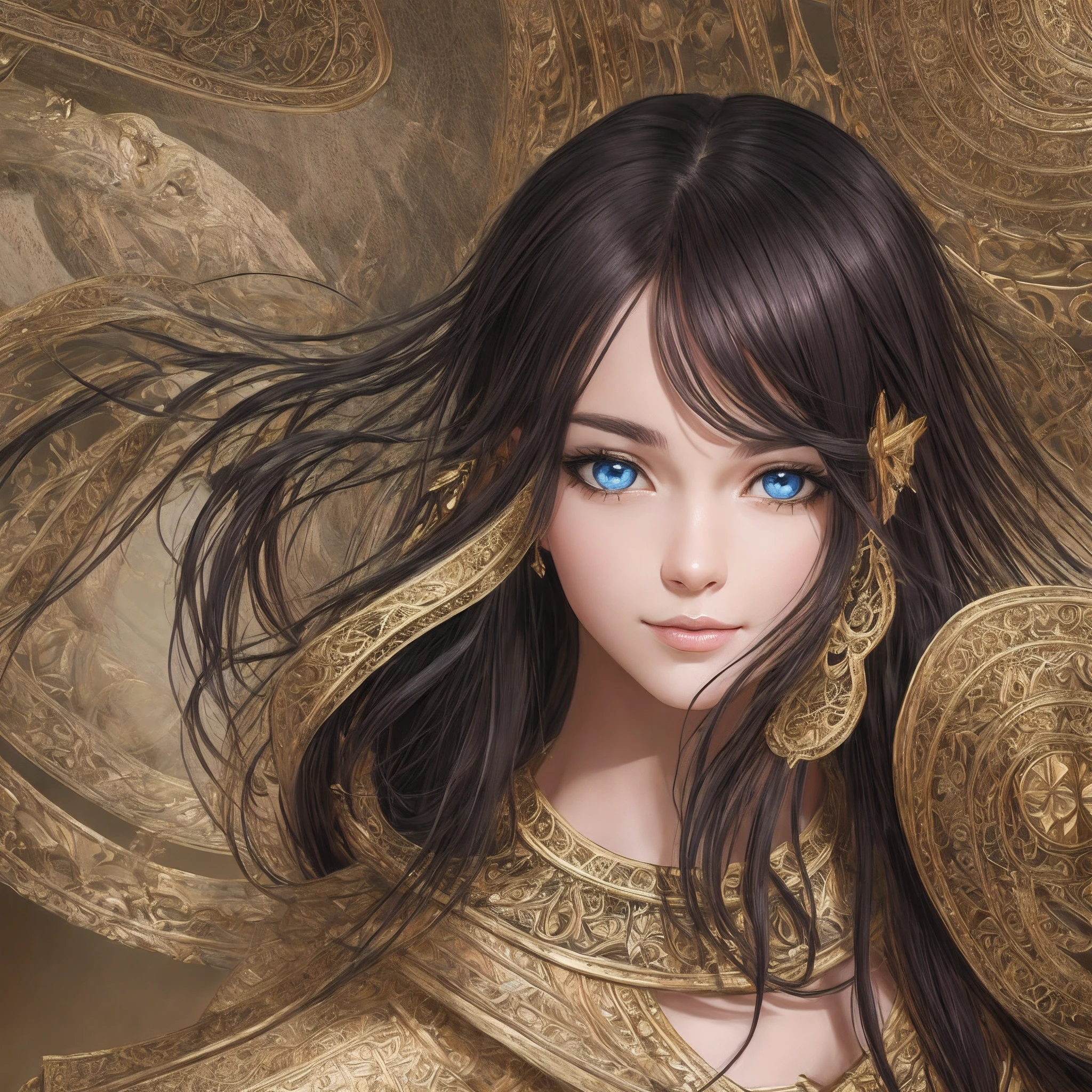 best quality, masterpiece, ultra-detailed, high resolution, digital painting, transcendental cute female, worried happy expression, black hair, ultra-high detailed eyes with intricate patterns, beautiful nose with delicate contours, ultra-high detailed mouth with perfect lips, slim and elegant body, hiding limbs with a cool uniform, looking directly at the viewer, room with intricate interior design, ultra-realistic textures on furniture and decor, high-resolution image suitable for wallpaper --auto --s2