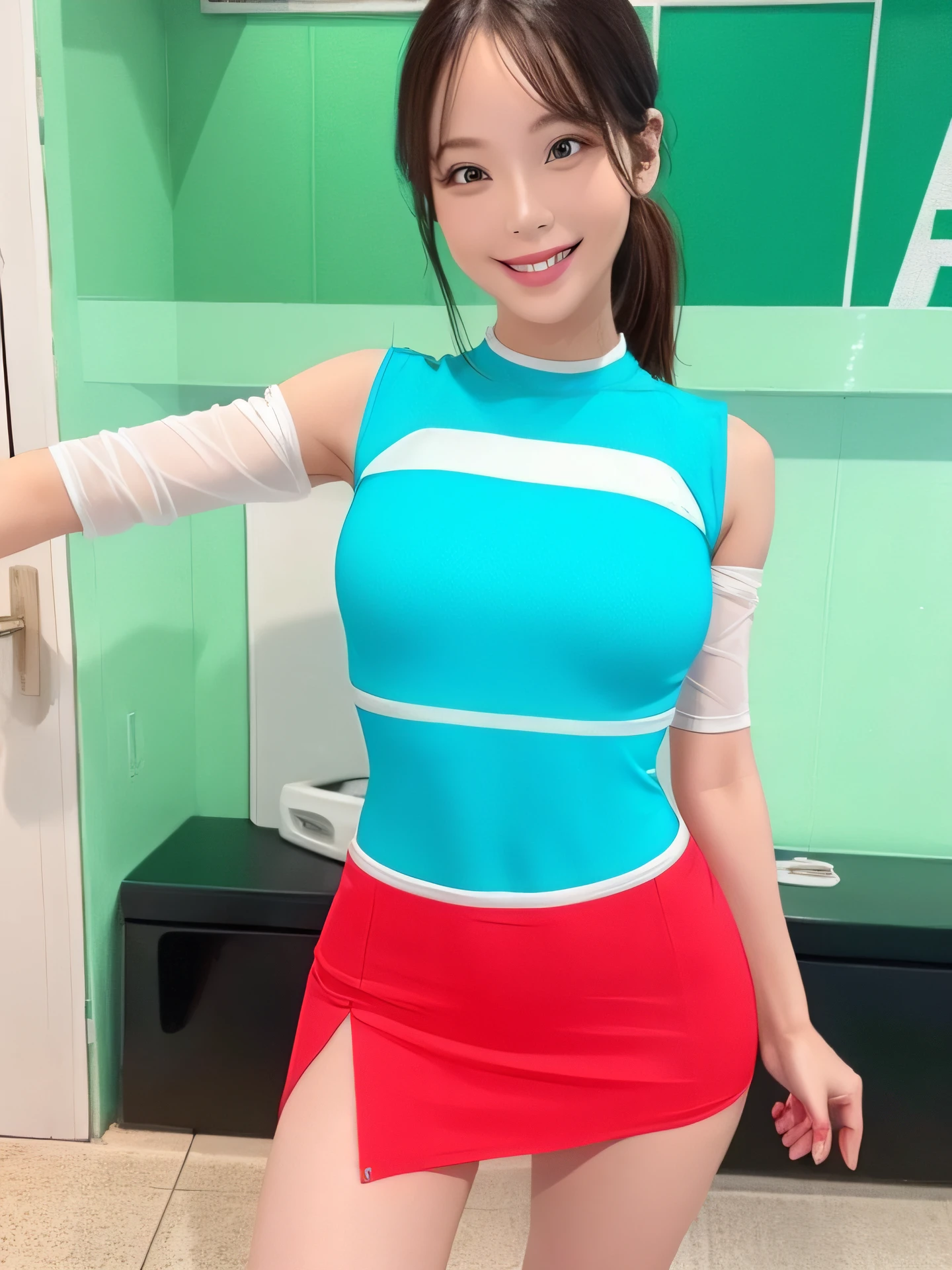 Enamel Bodycon、Arm Swinging Pose、a miniskirt、Full smile