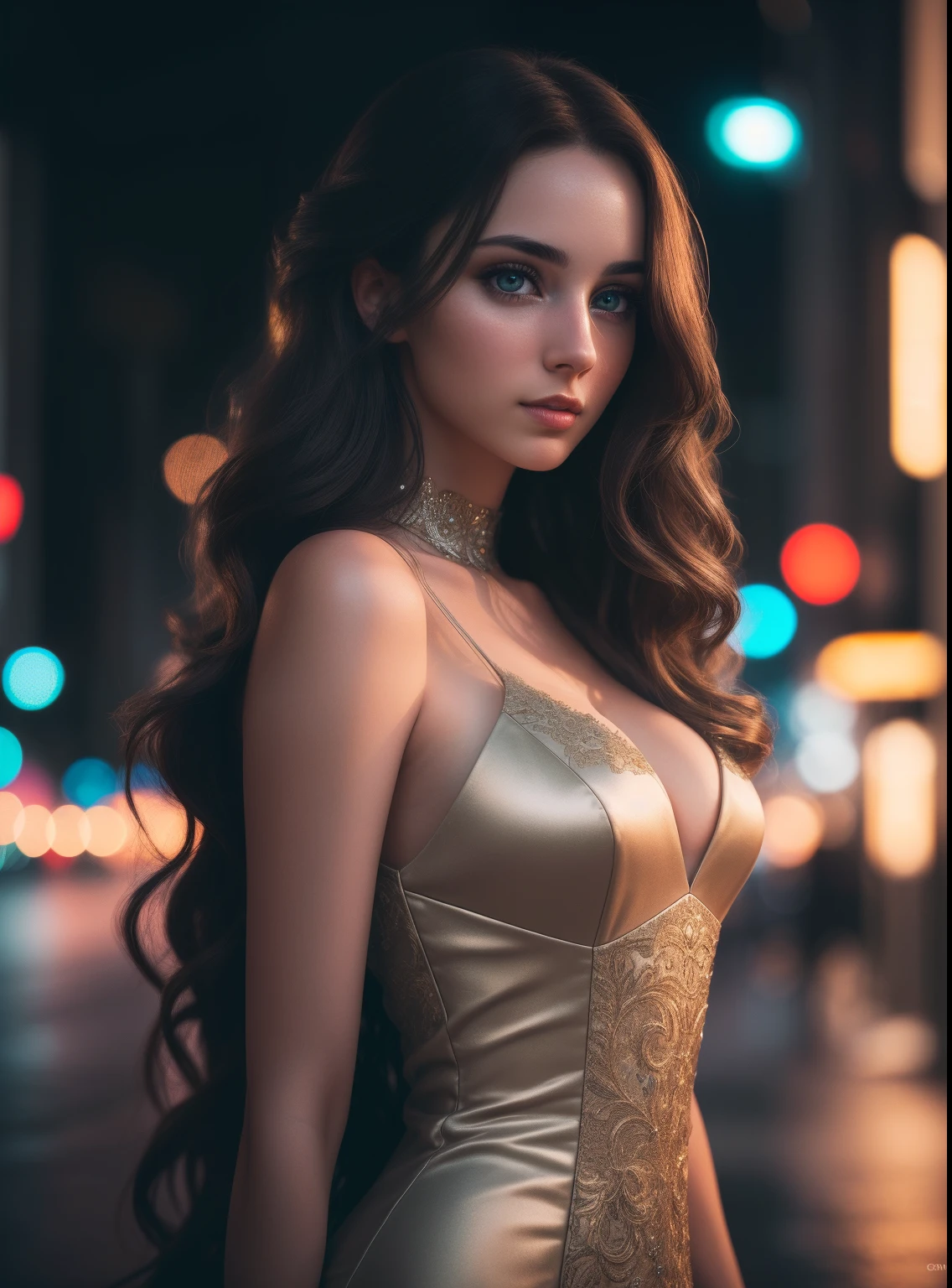 photo of a 25 years old european girl, RAW, beautiful woman, (extra long wavy brown hair), ((portrait)), ((detailed face:1.2)), ((detailed facial features)), (finely detailed skin), pale skin, high detailed deep cleavage cyberpunk dress outfit, megacity environment, (cold colors), damp, moist, reflections, (masterpiece) (perfect proportion)(realistic photo)(best quality) (detailed) photographed on a Canon EOS R5, 50mm lens, F/2.8, HDR, (8k) (wallpaper) (cinematic lighting) (dramatic lighting) (sharp focus) (intricate)