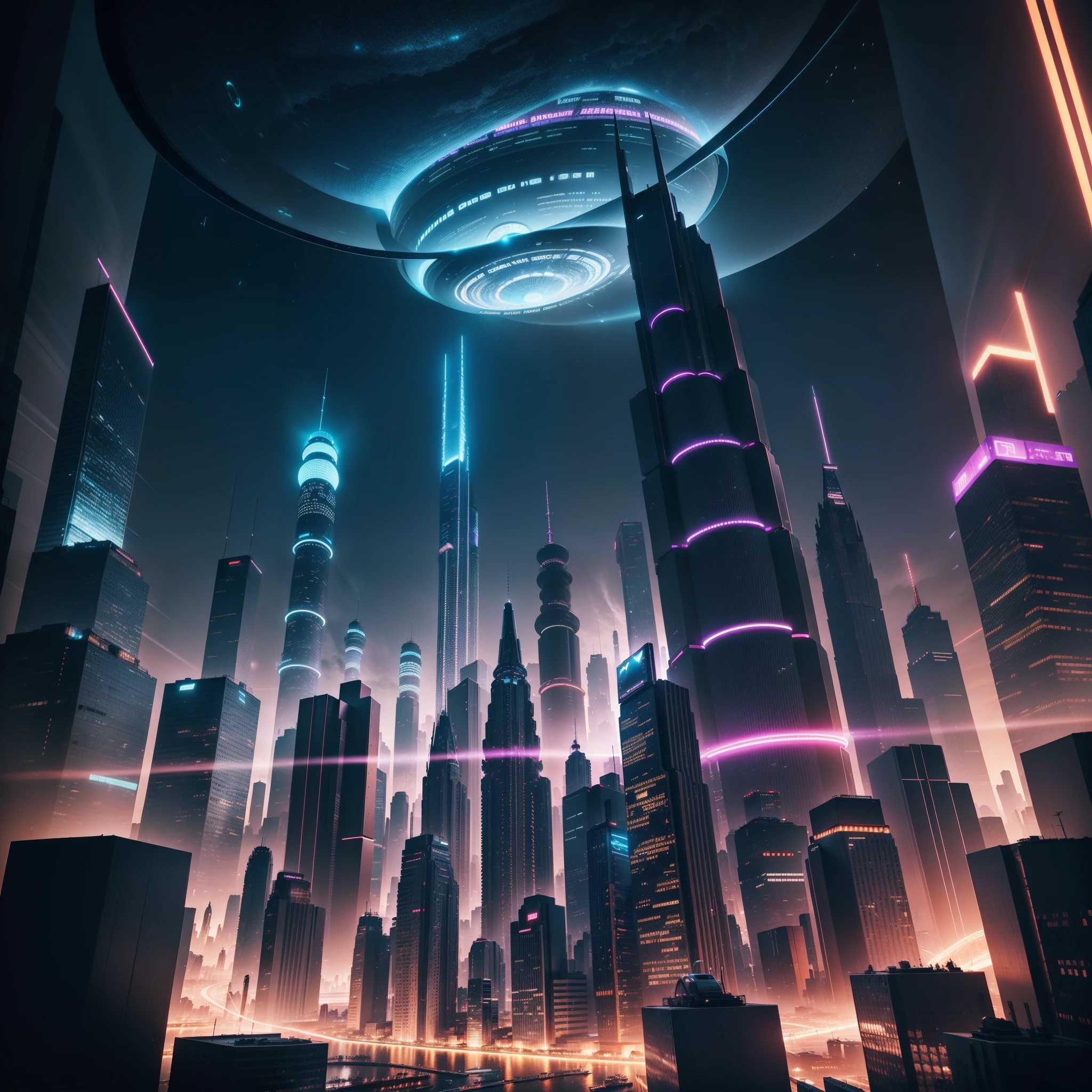 A city with bright lights, digital art by Sebastian Vrancx, shutter inventory, Digital art, futuristic digital art, geometric futuristic cityscape, Futuristic city background, Photo of futuristic cityscape, Futuristic city landscape, 3d abstract render overlayed, Futuristic city landscape, fundo futurista, 3d render digital art, cybernetic city background