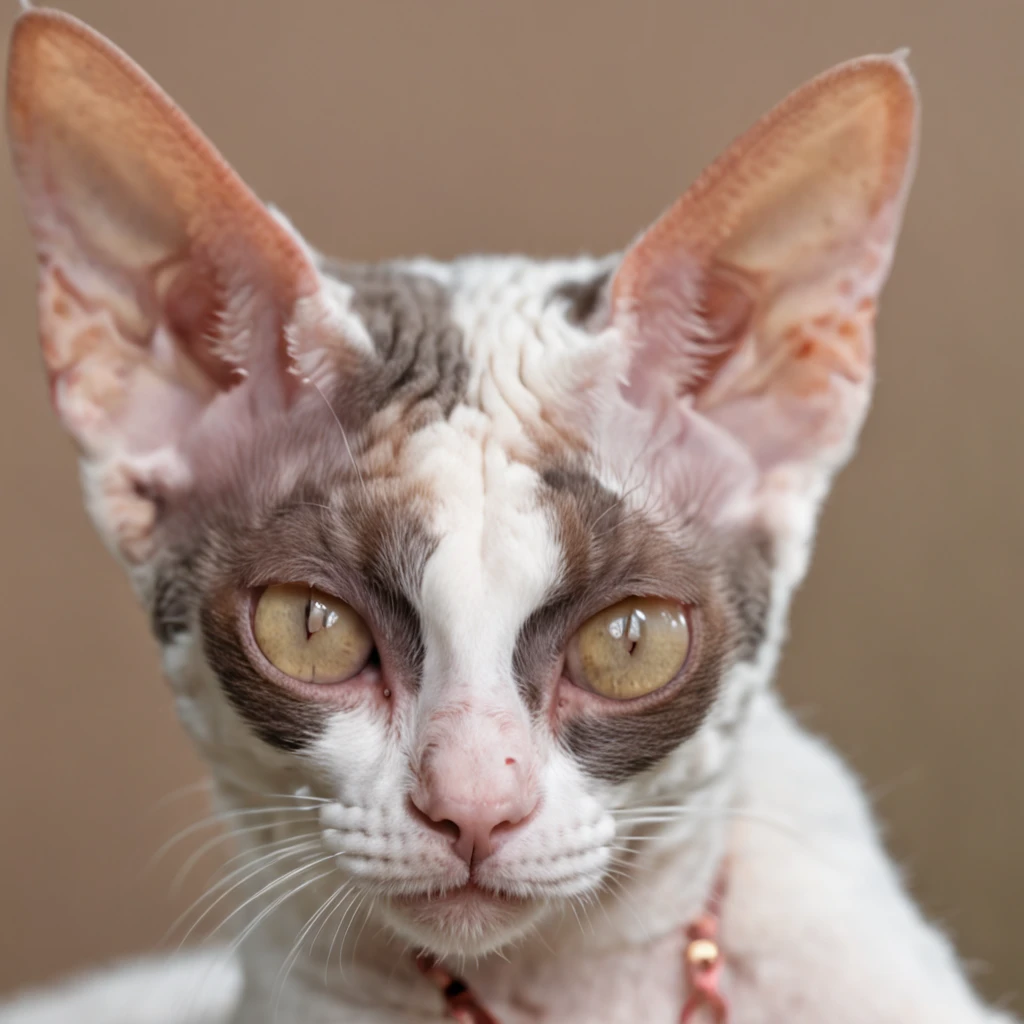 The Cornish Rex cat lay lazily on the table，There were food plates