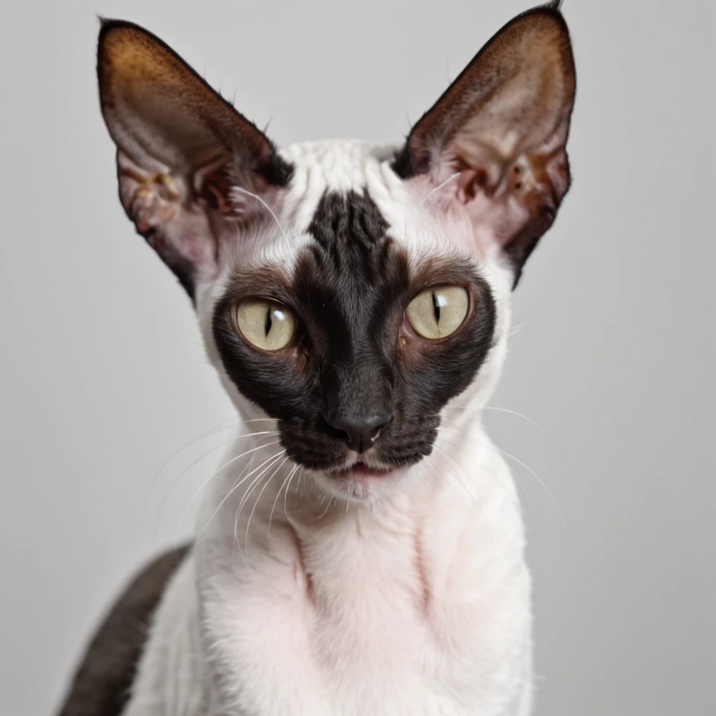 The Cornish Rex cat lay lazily on the table,There were food plates