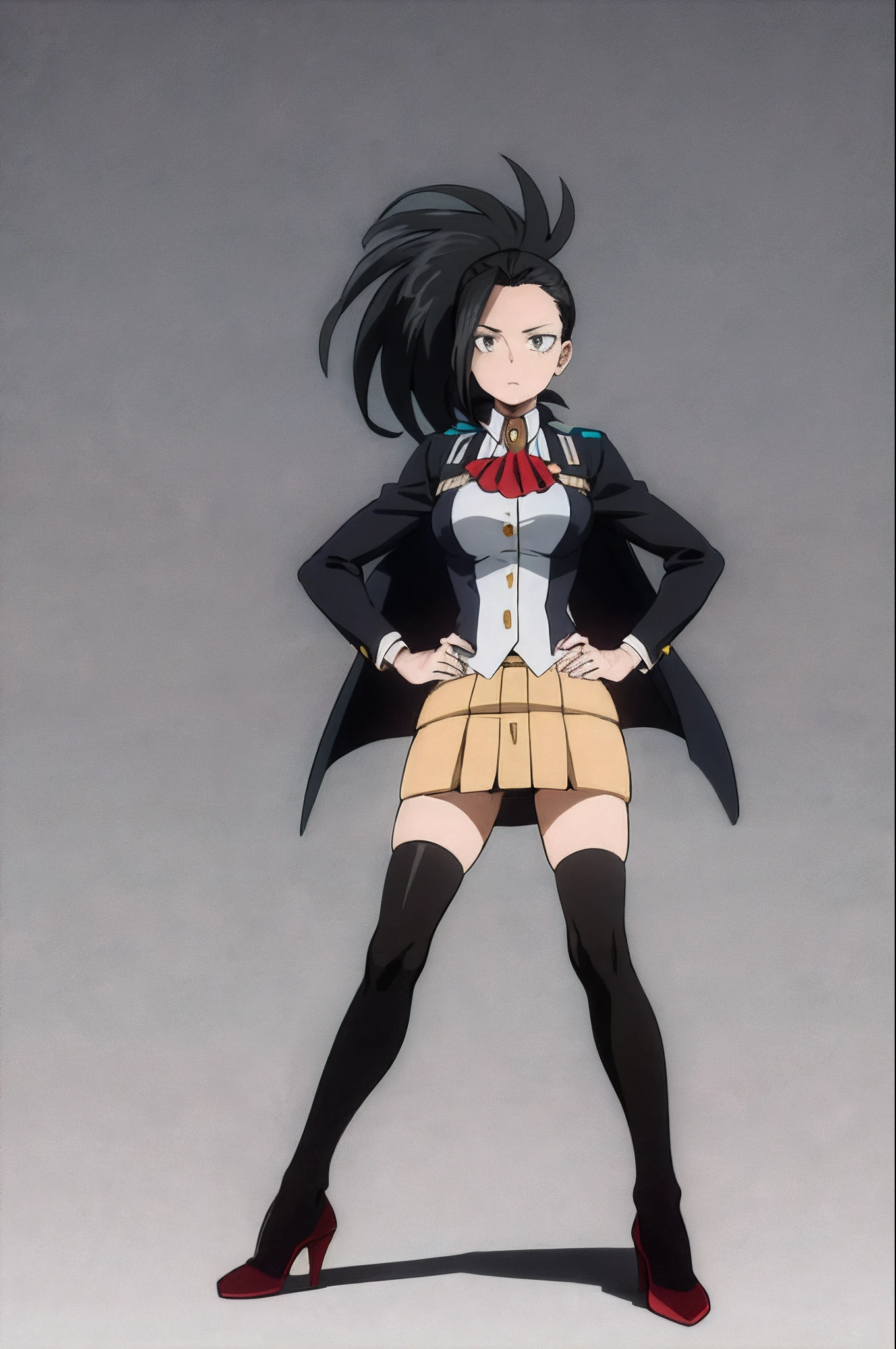 masterpiece, best quality, yaoyorozu momo, 1girl, black eyes, black hair,  ponytail, long hair, hair pulled back, full body, hands on hips, standing, juliet sleeves, solo, looking at viewer, jacket, ascot, pencil skirt, thighhighs, high heels, simple background