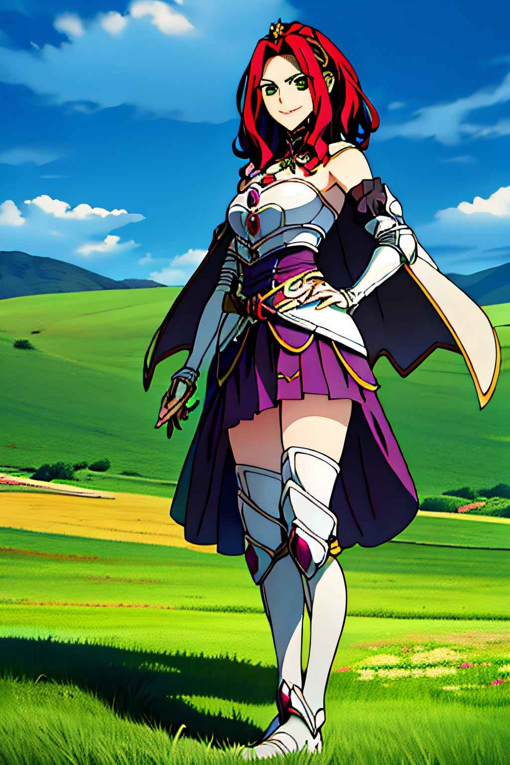 bitch medium breasts, Cape, Armor, Purple skirt, Silver boots, Red hair, Beautiful face, Green eyes, Smile, (Masterpiece:1.2), Best quality, absurderes, A high resolution, extremelydetailedwallpaper, Perfect lighting, Outdoors, Grass, Field,