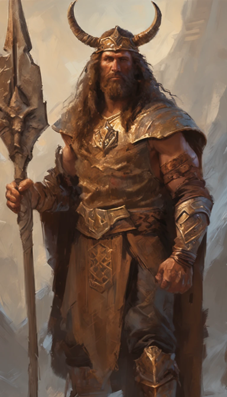 male in a brown outfit with a horned head and a sword, highly detailed character, viking warrior, epic viking king, norse ancient epic hero, muscular long haired with tattoo Philippine God of War, modelshoot style, (extremely detailed CG 8k wallpaper), body photo of the most beautiful artwork in the world, medieval armor, body portrait, Nimrod the first king of Babylon, hunter, barbarian, macho man, majestic professional oil painting by Ed Blinkey, Atey Ghailan, Studio Ghibli, by Jeremy Mann, Greg Manchess, Antonio Moro, trend at ArtStation, trend at CGSociety, Intricate, High Detail, Sharp Focus, Dramatic and Photorealistic Painting Art by Midjourney and Greg Rutkowski